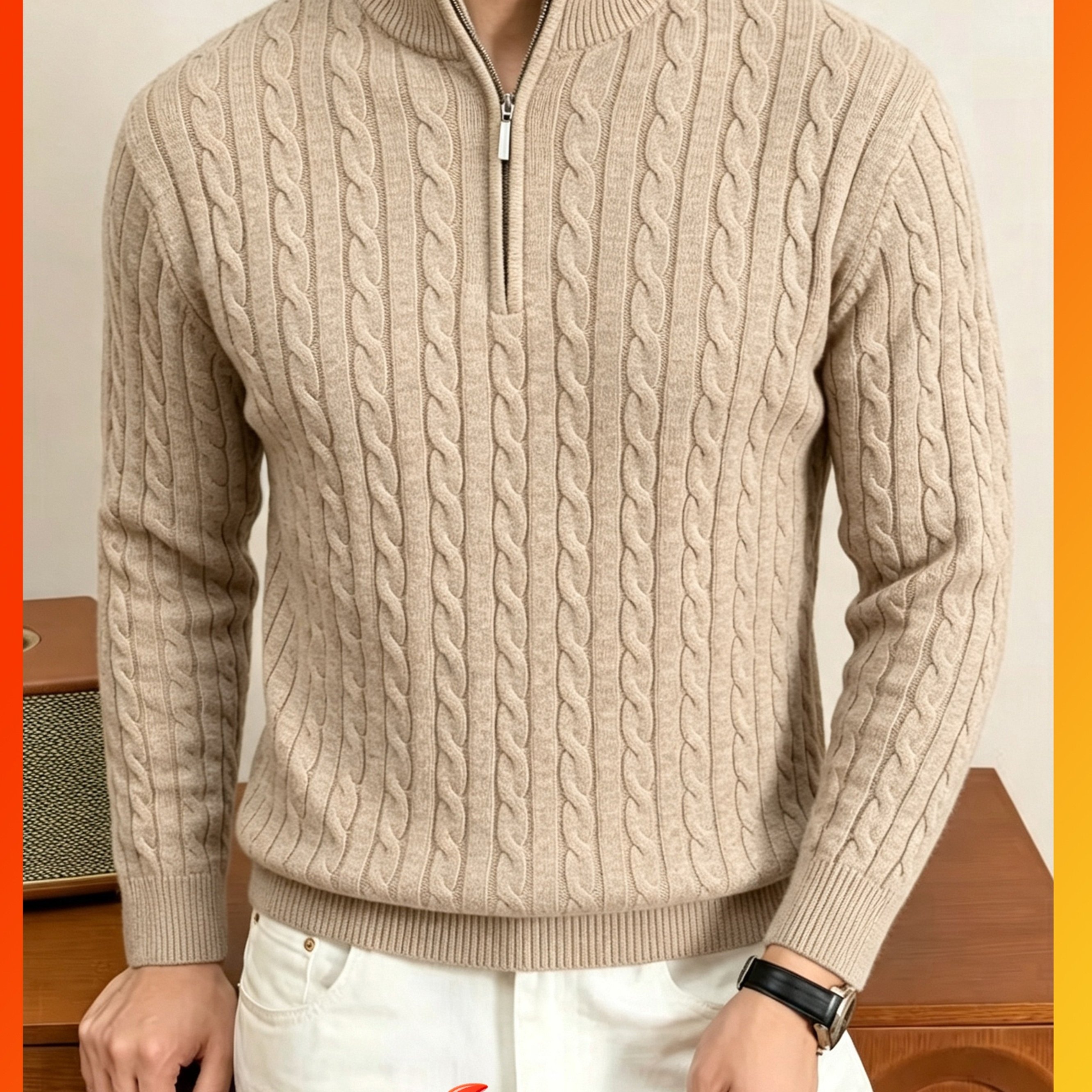 TEMU Herbst- und Winter-Herrenpullover mit Zopfstrick und halbem Reißverschluss, Zopfmuster-Pullover für Pendeln, Party, Geschenk, gute Unter- und