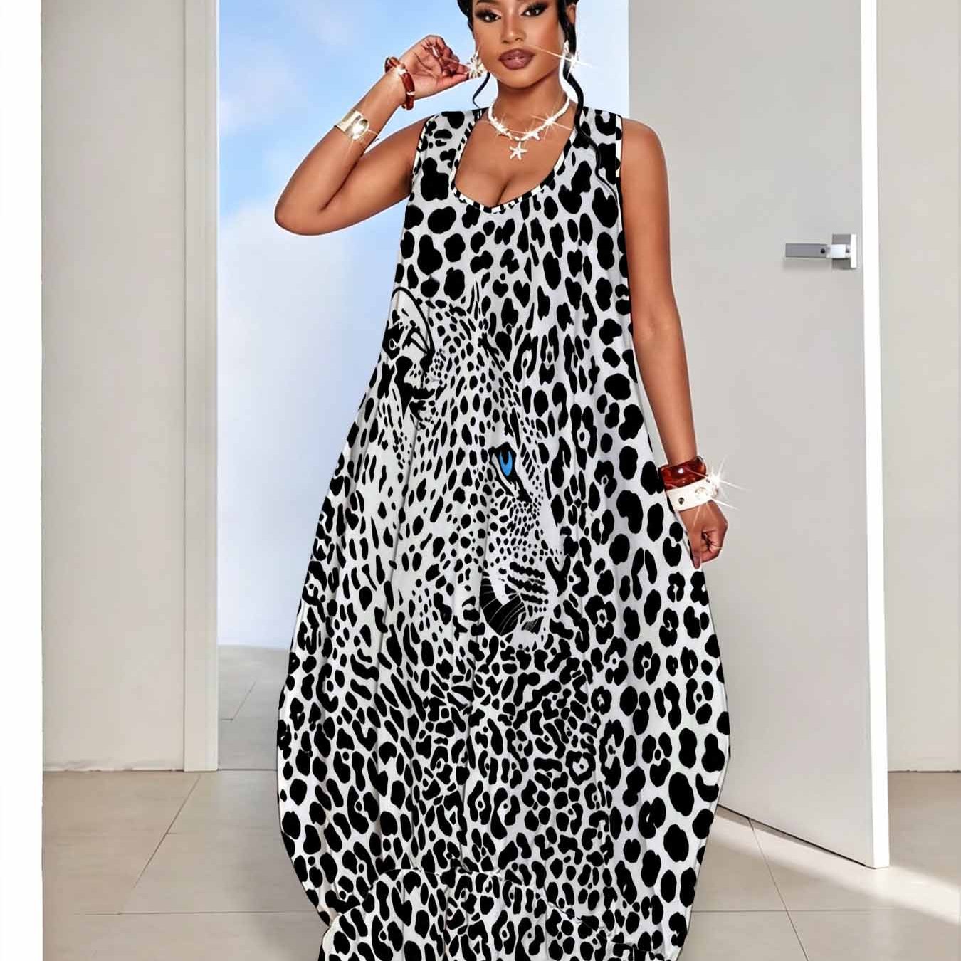 Image of Plus Size Leopard Print Dress, Women's Sleeveless Off-shoulder Loose Long Dress With Hem, Loose Fit, Chic, Wild Fashionable Trendy Streetwear Style Casual Vacation Summer Maxi Dress