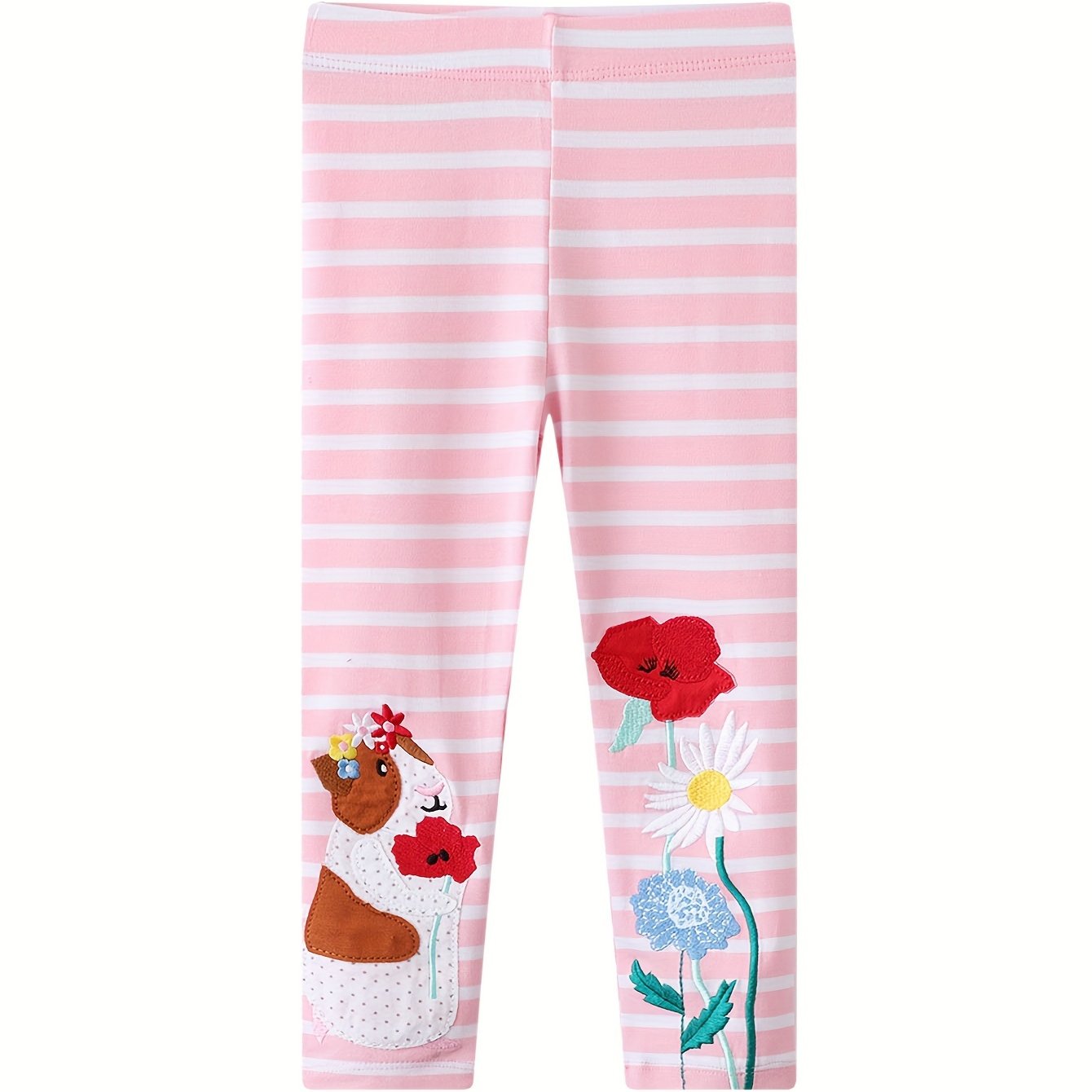 Image of Spring And Autumn Girls' Pink Striped Leggings Soft Cartoon Embroidered Flowers Cute Animal Slim Pants