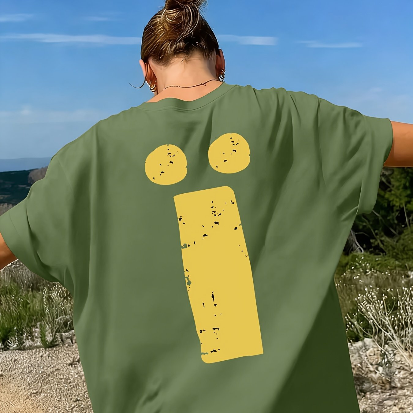 TEMU Summer Women's 1pc Casual Short-sleeved, Distressed Yellow Mark Pattern, Letter Print Pattern, Round Neck T-shirt Fashion Top