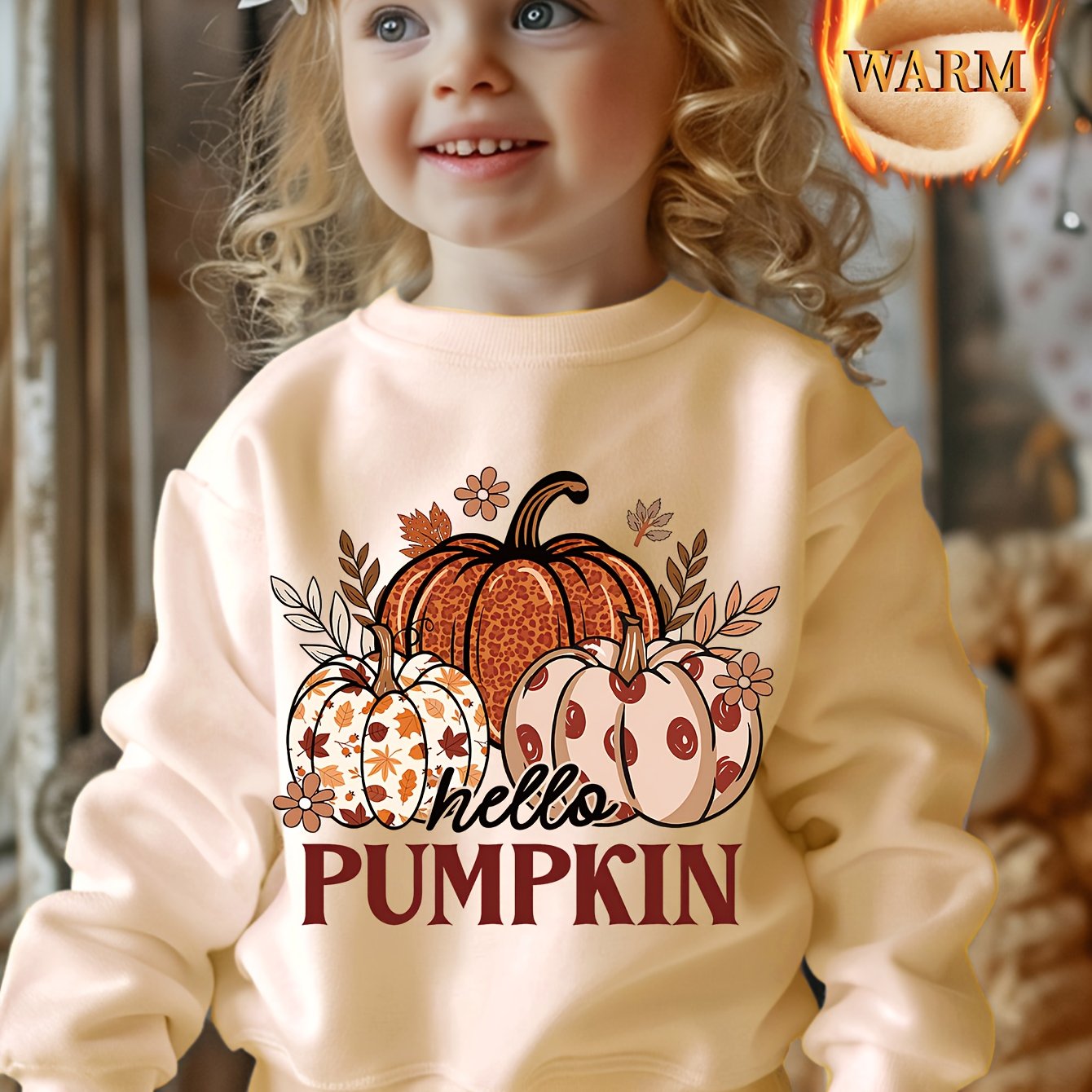 TEMU Halloween Girl 3 Cute Pumpkin Pattern Print Fashionable Casual Round Neck Thickened Fleece Sweatshirt