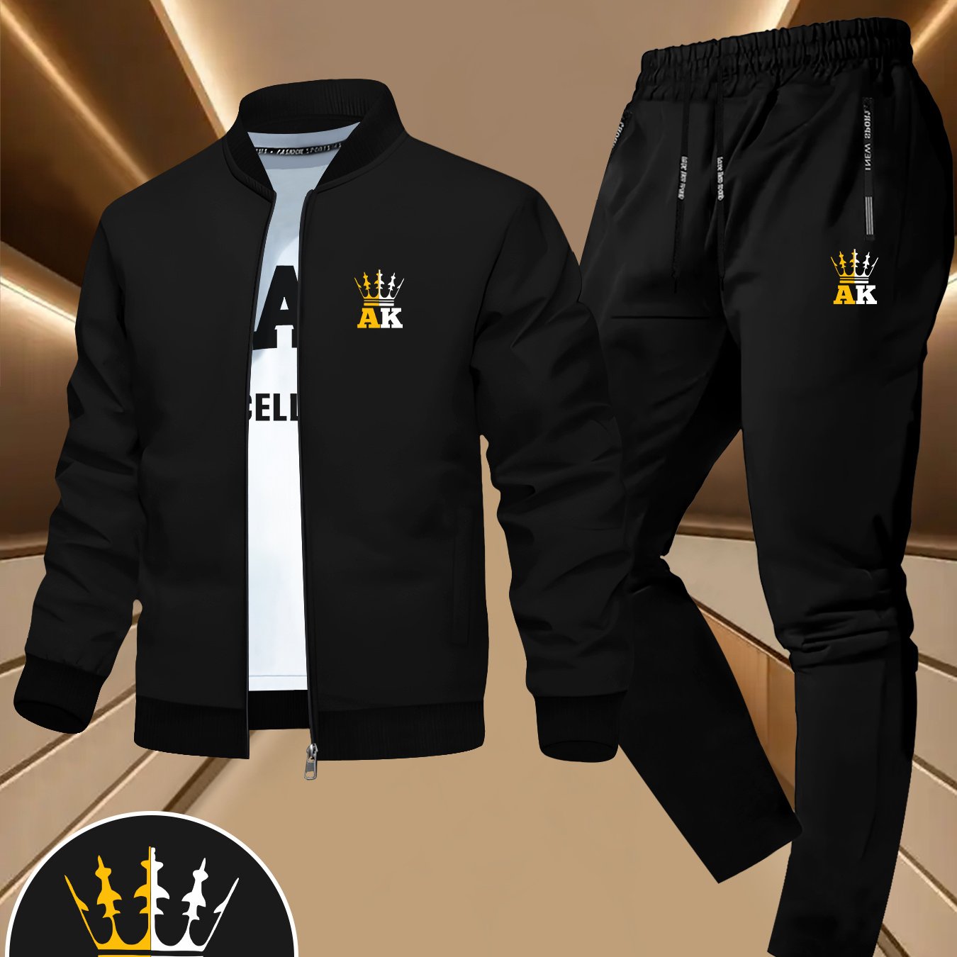 TEMU Men's Featuring A Two-piece Jacket Set With Chess King Pattern Elements, A Casual Youth Business Baseball Jacket With A Stand Collar