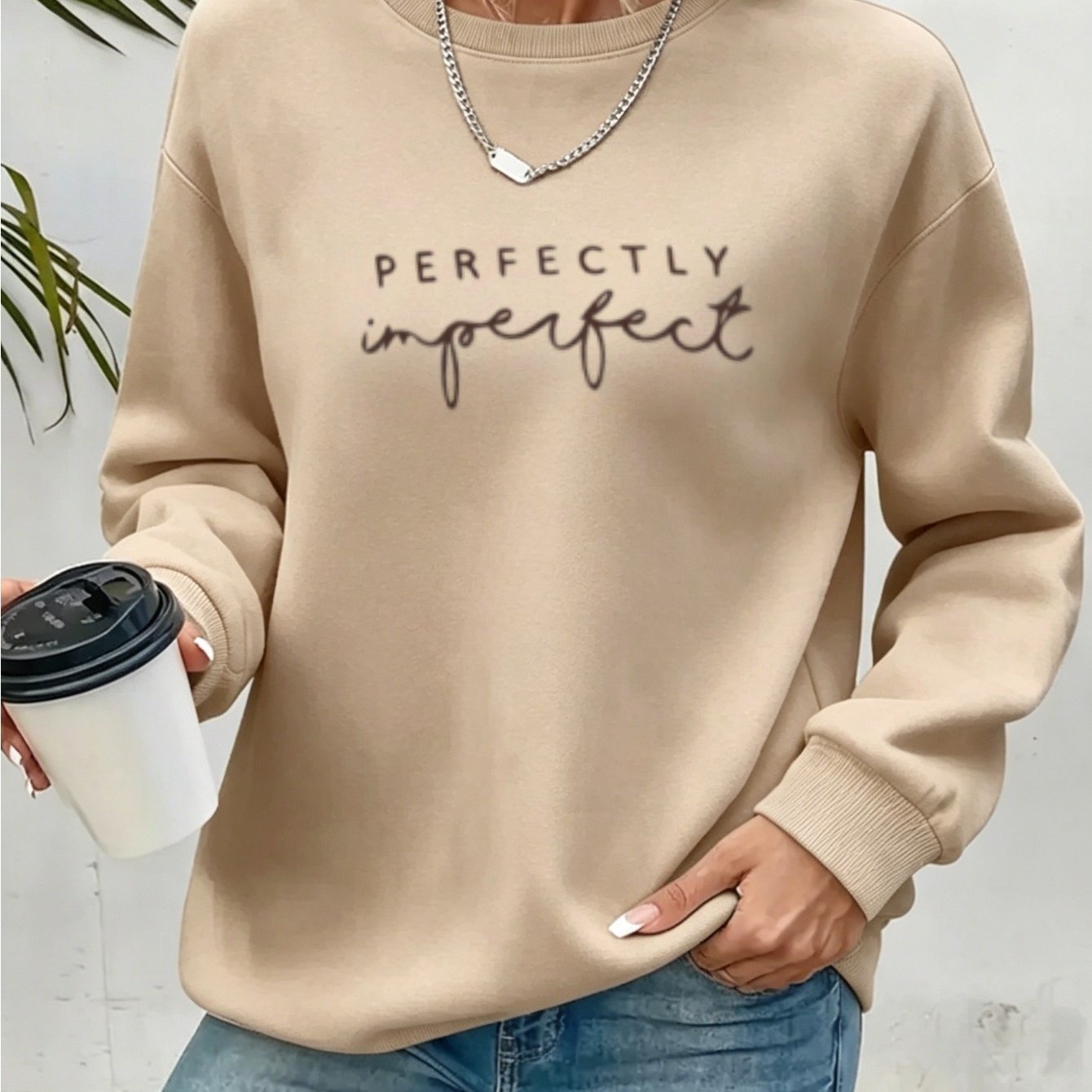 Image of Women's Fashion Loose Sweatshirt - Color-block Loose Hoodless - Perfectly Letter Contrast Drawstring - Casual - Trendy - Street Style