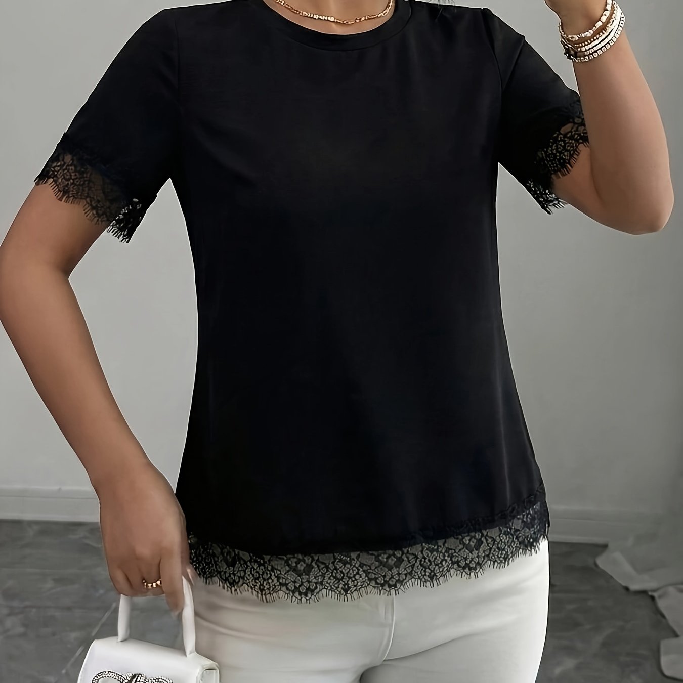 TEMU Women's Elegant Lace Round Neck Casual T-shirt Summer Short Sleeve Top