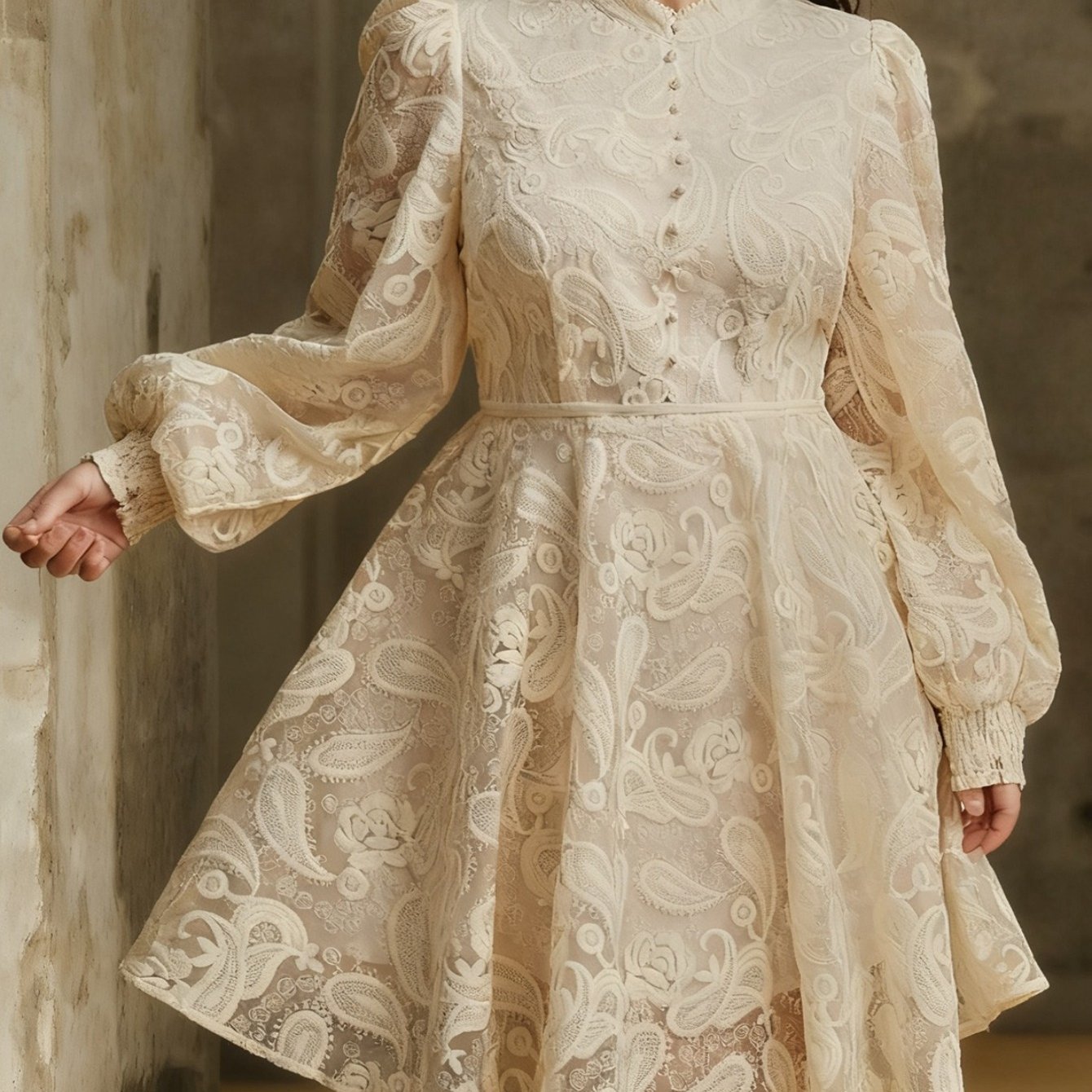 Plus Size - Plus Size - Plus Size Cream Paisley Lace Collar Dress For Women | Vintage Elegant Style, Suitable For Weddings, Dates, And Casual Social Events