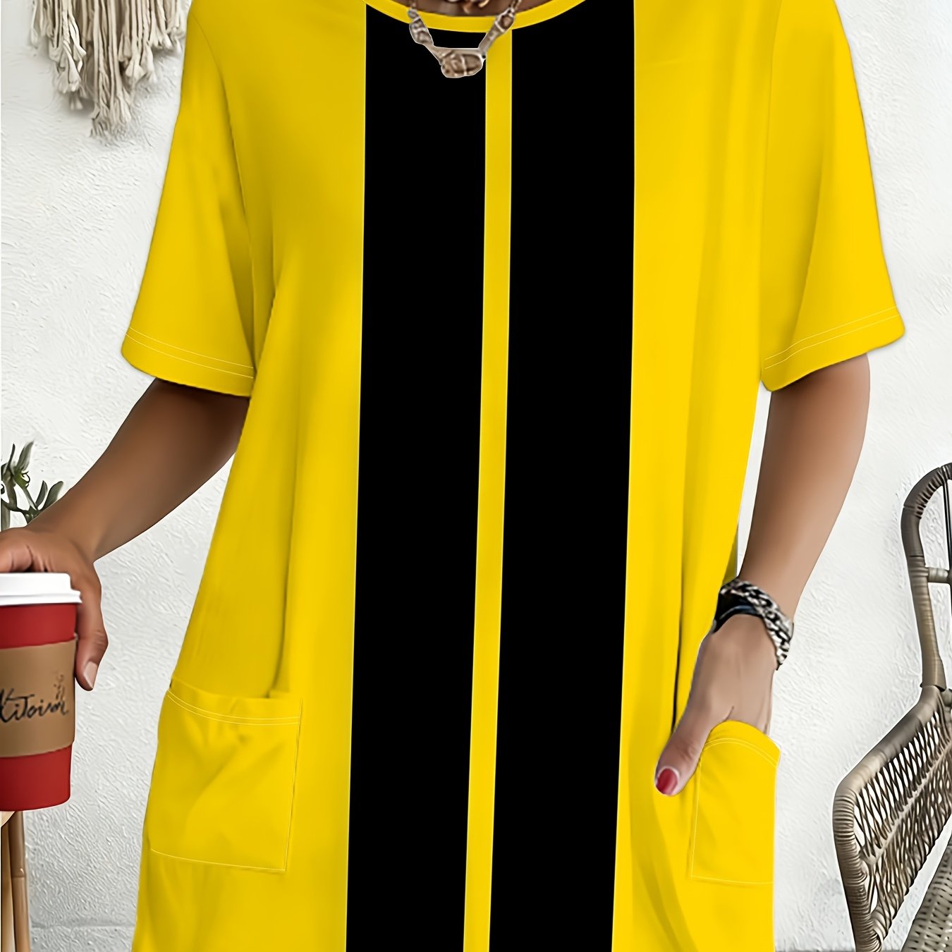 TEMU Women's Plus Size Yellow And Black Color Block Loose Short Sleeve Cardigan, Casual Outerwear With Fashionable Pockets