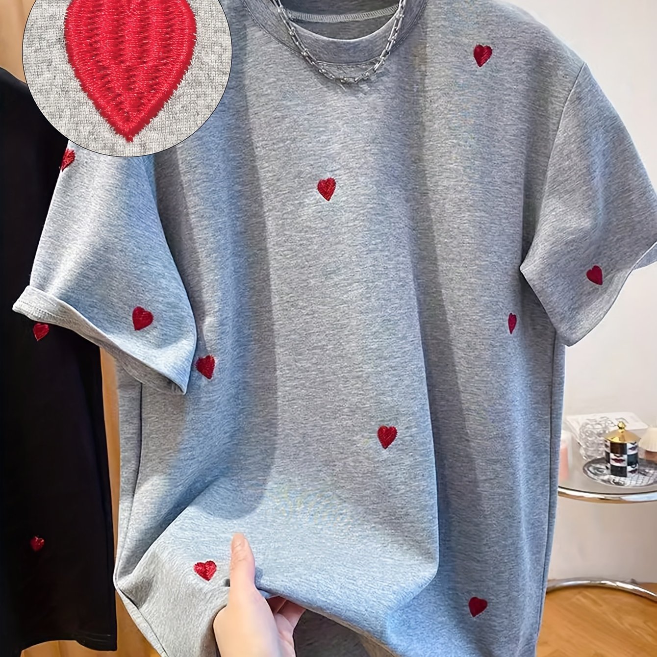 E-shop Liebe Stickerei T-Shirt, Damen Rundhals Kurzarm Freizeit Top, Geeignet für Sommer und Frühling, Damenbekleidung