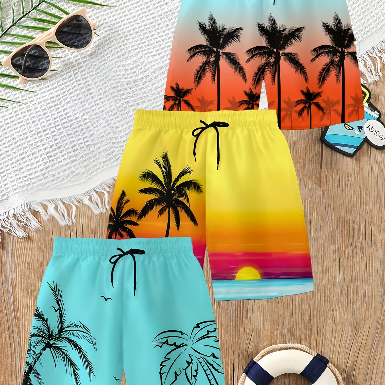 Image of 3pcs Set, Boys' Fashionable Swim Trunks, Shorts, Beach Shorts, Boys' Surfing Shorts, Quick Drying Fabric, 3d Printed Beach And Palm Tree Patterns, Suitable For Summer Wear
