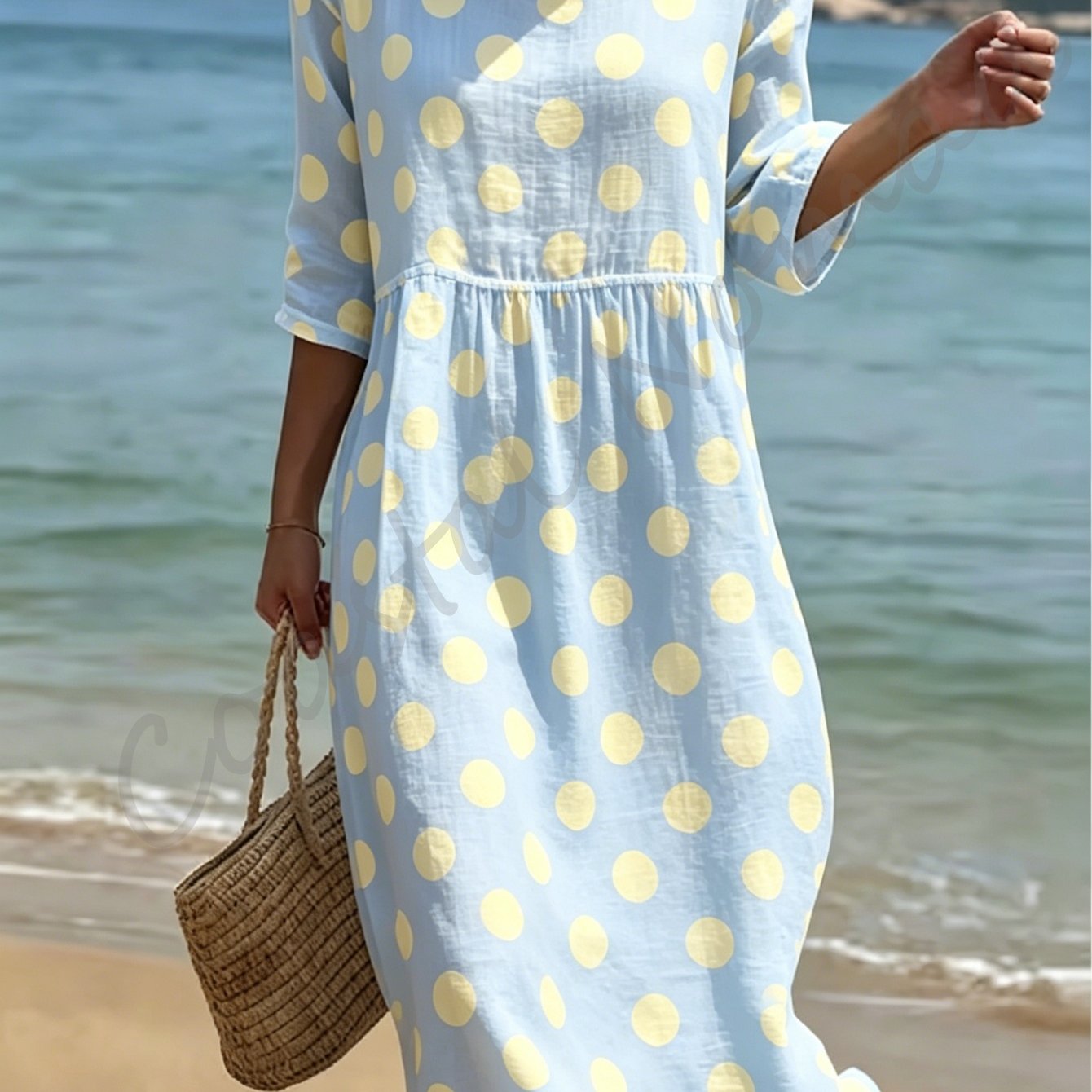Image of Women's Summer Dress Yellow Polka Dot Fresh Round Neck And Three-quarter Sleeves Machine Washable Polyester Fabric Floral Print Elegant And Gentle Resort Style