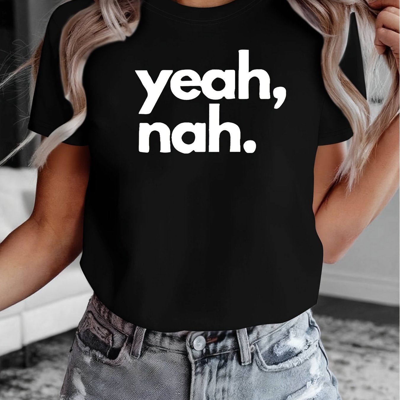 TEMU - - Nah Letter Print Women's Short Sleeve Crew Neck Casual Top For Summer And Spring Women's Clothing-unisex Holiday Gift Casual Outing 2026 New