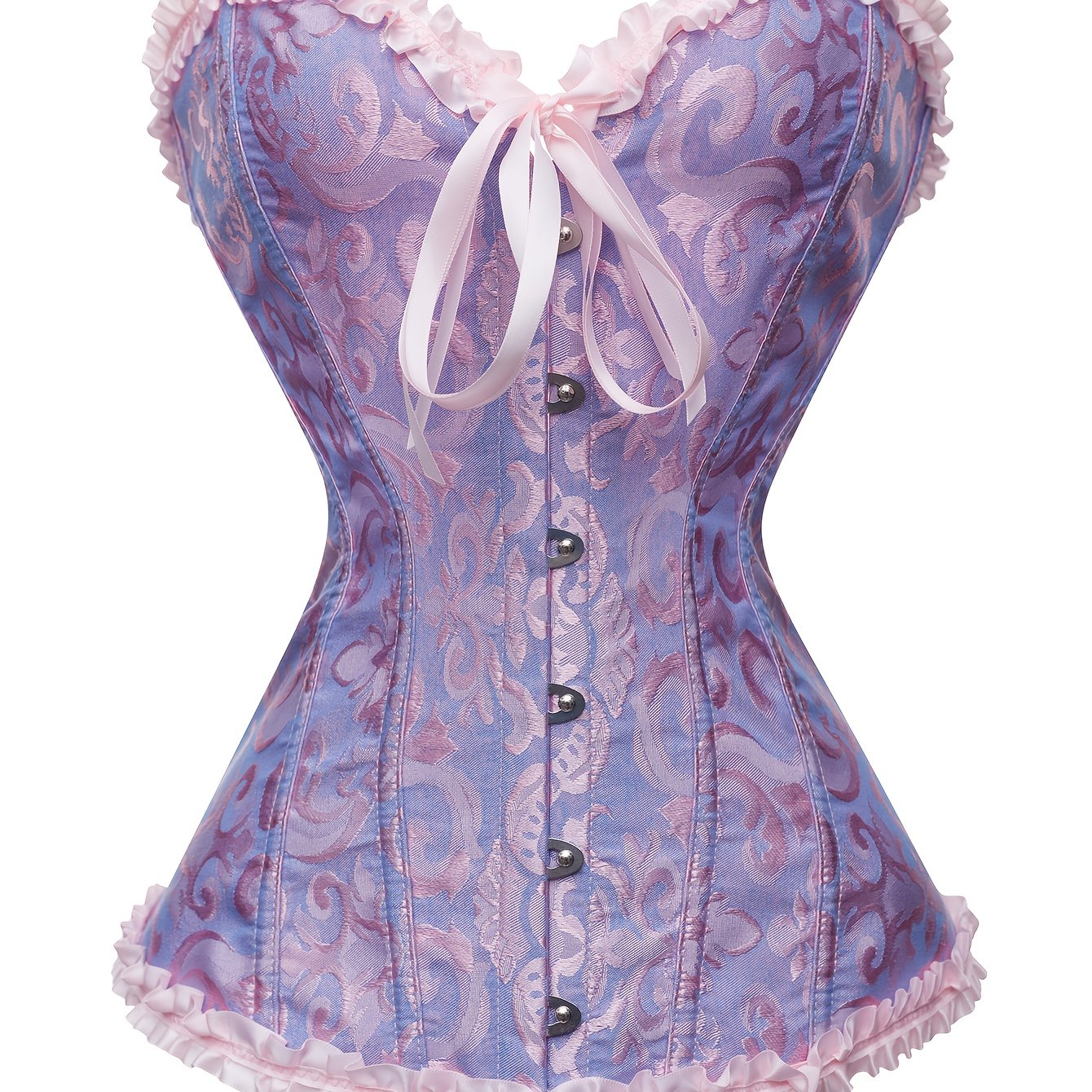 TEMU Ladies' Lavender-colored Vintage Floral Corset Top - Featuring Tie, Ruffle Details, Tummy Control, Corset Style, And A Fitted Design For Waist