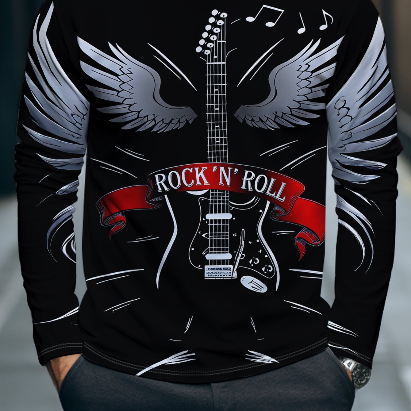 TEMU Men's Long Sleeve T-shirt, Rock Style Guitar And Wings Print Top, Trendy Rock' Music Element Tee, Streetwear Brand Casual Loose Size Base Layer,