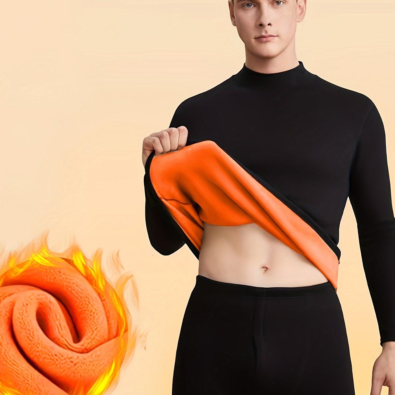 Image of Men's Winter Fleece Thick Solid Round Neck Middle-aged Young Men's High Neck Tight Base Layer Top And Pants Warm Set
