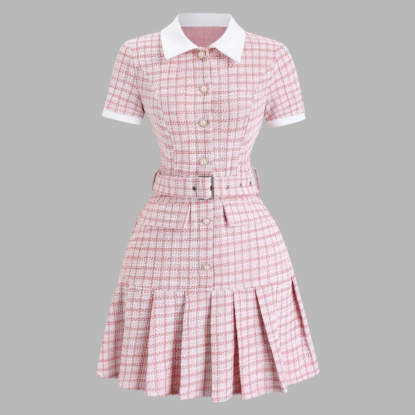 TEMU A Short-sleeved Dress Featuring A Clear Checkered Pattern In A Vintage French Style, Combined With Retro Chess Prints. Perfect For Wear, It