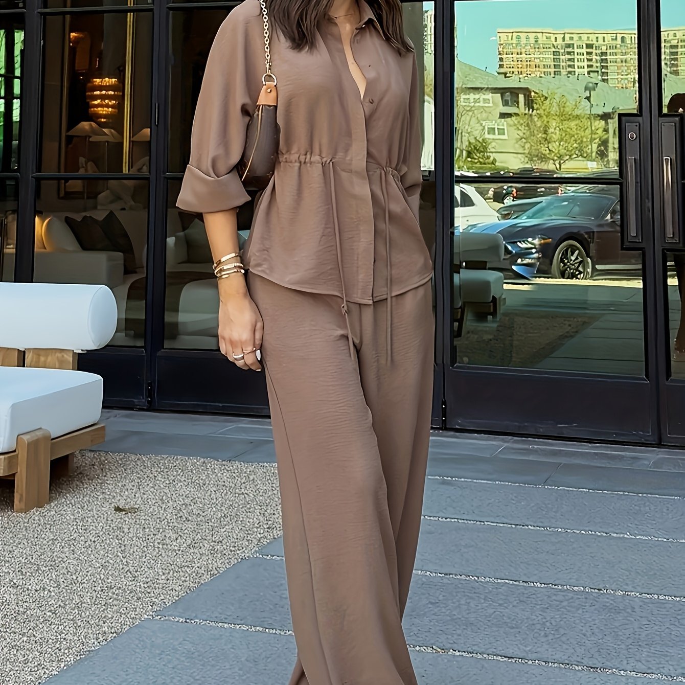 E-shop Damen Langarm-Bluse mit Revers Kordelzug in Unifarben + Weite Hose mit elastischem Bund