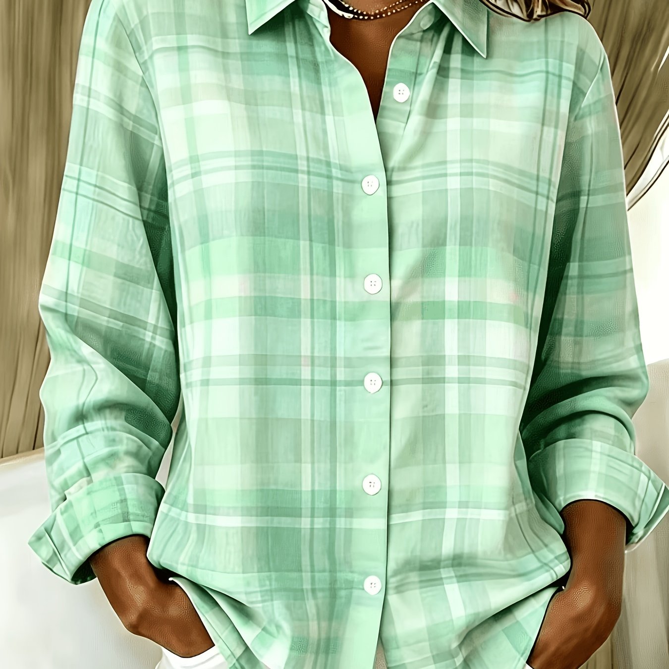 TEMU Elegant Special Edition Women's Printed Shirt - Long Sleeve Button- Shirt With Classic Collar, Suitable For Office, Commuting, Or Formal Events,