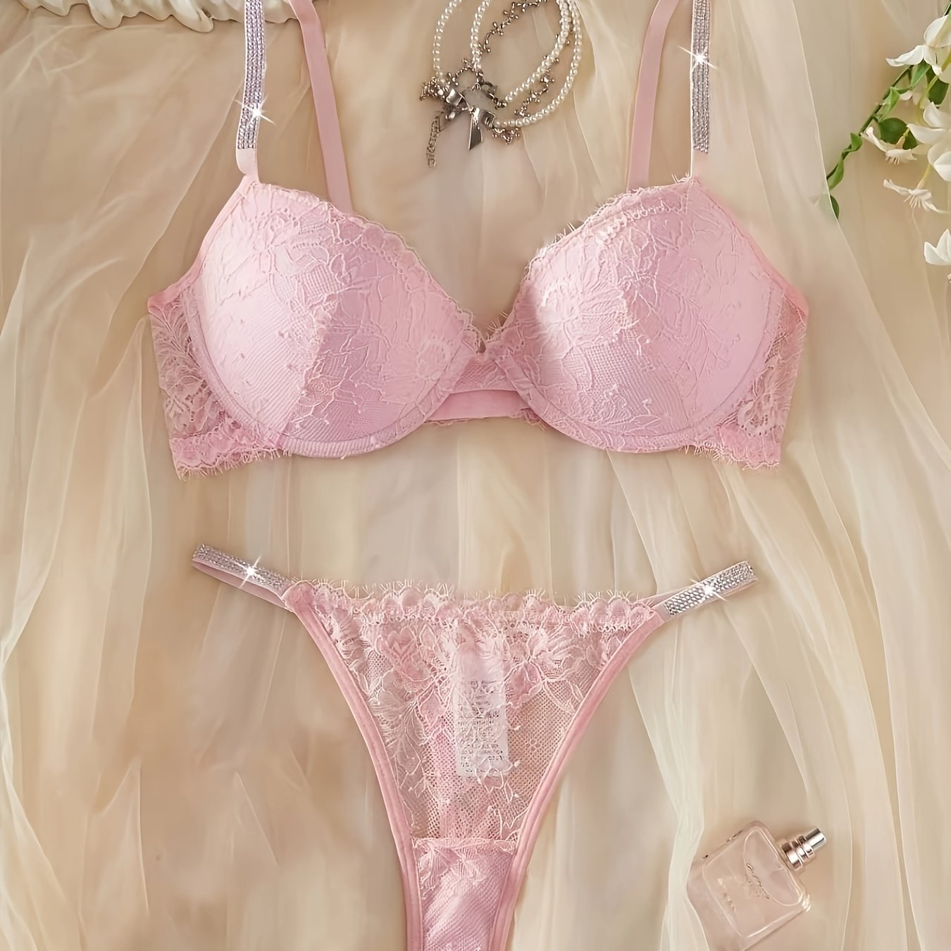 Image of Hotfix Rhinestone Sexy Lace Cup Bra, Sexy Bra And Thong