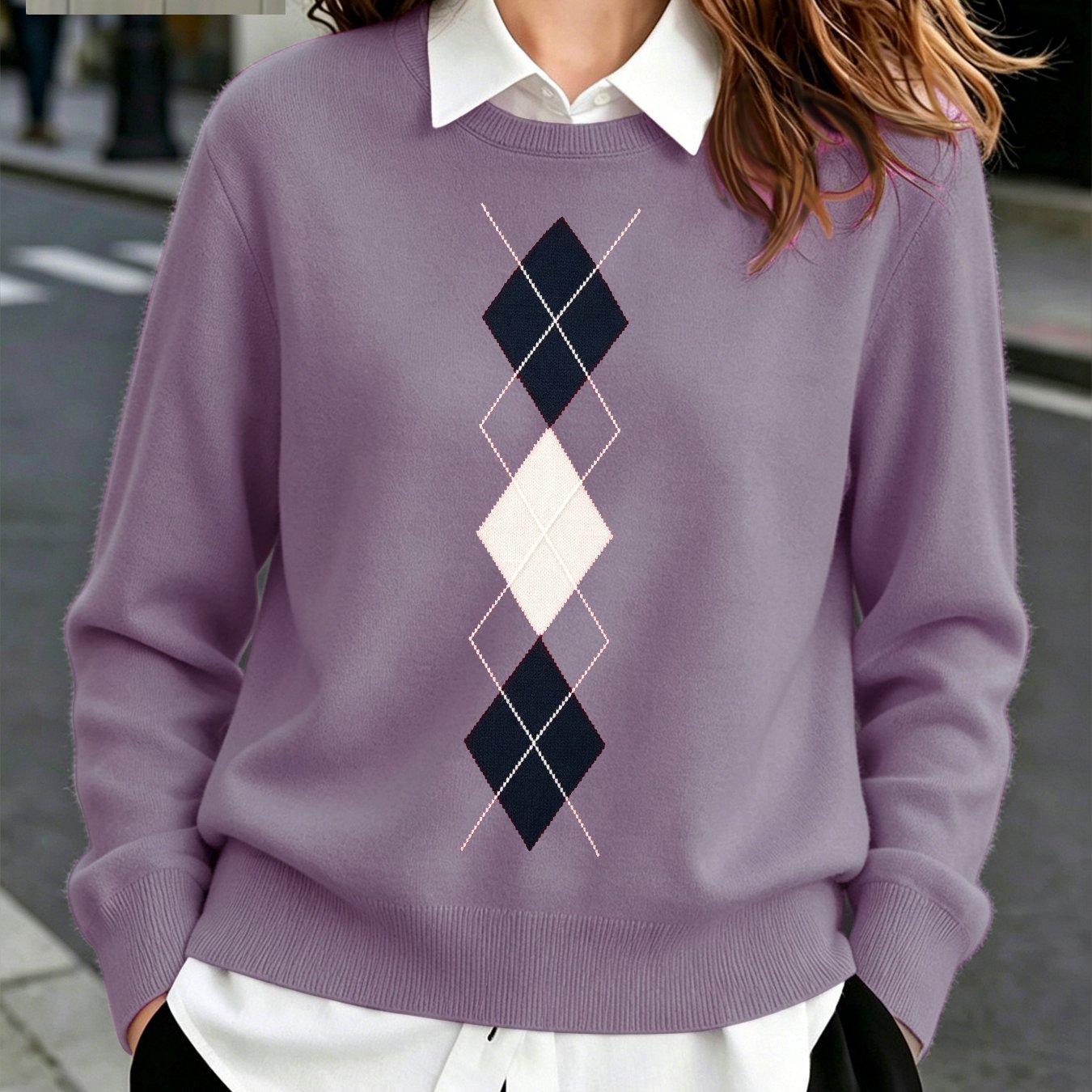 TEMU Rhombus Print, Women's Fashion New Style Sweater, Crew Neck Pullover Design, Women's Rhombus â Crew Neck Design, Vintage British Style, Suitabl