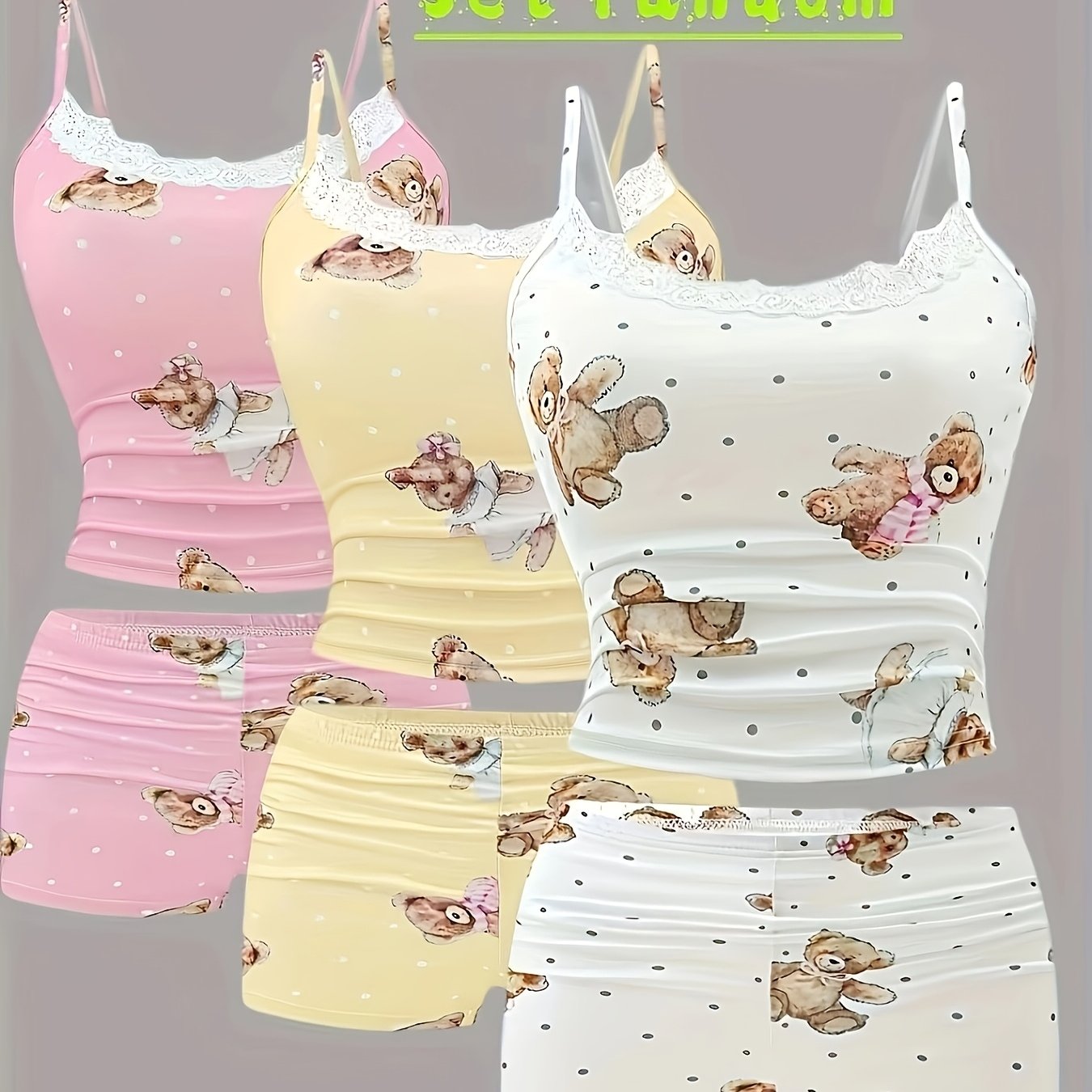 TEMU {random 1 Set}teen Fashion Cartoon Cute Polka Dot Bear Print Camisole And Elastic Waist Shorts Pajama Loungewear Set, For Teenager