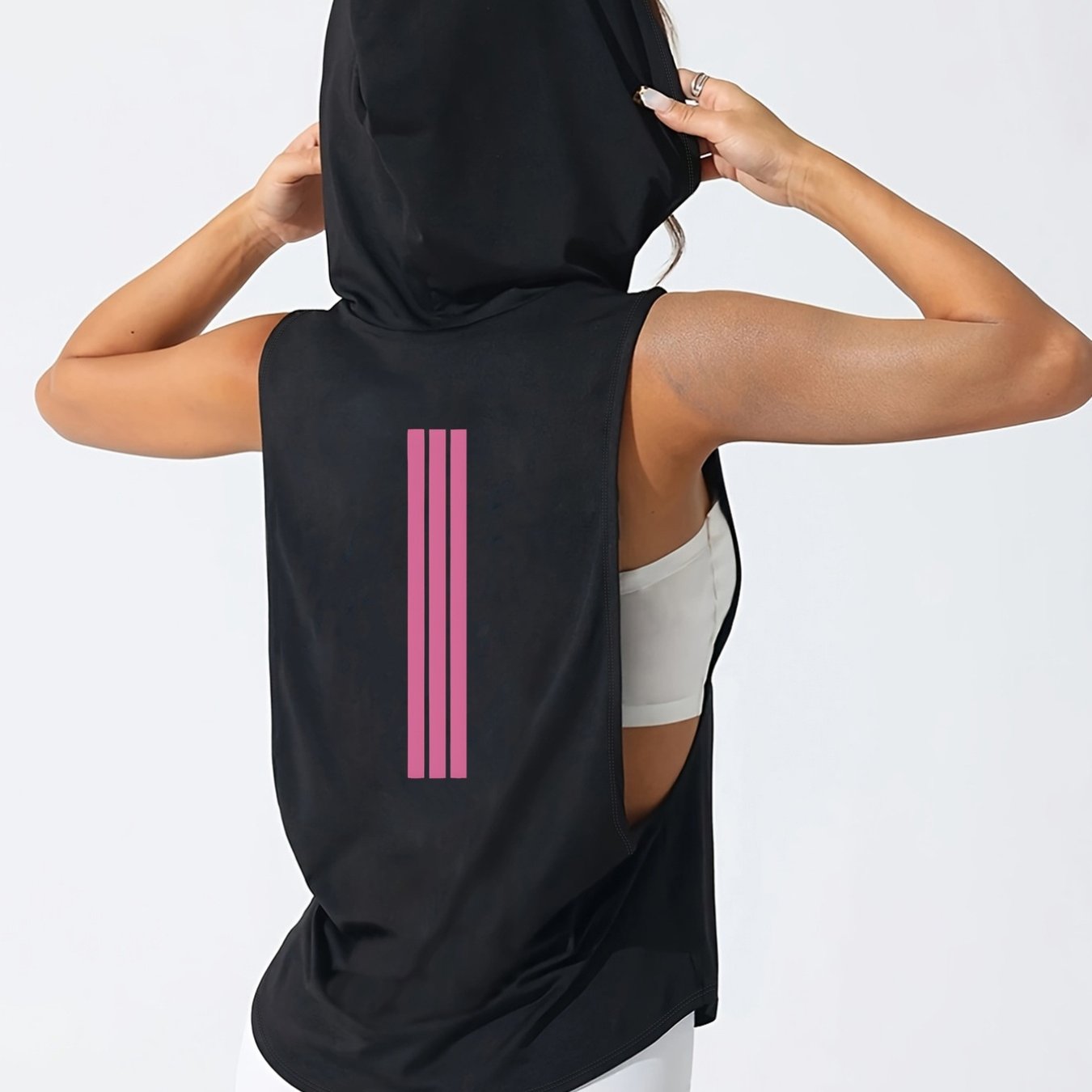 TEMU Women's Sleeveless Hooded Vest, Pink Striped, Striped Print Design, Loose Fit, Machine Washable, Suitable For Casual And Sportswear And Summer,