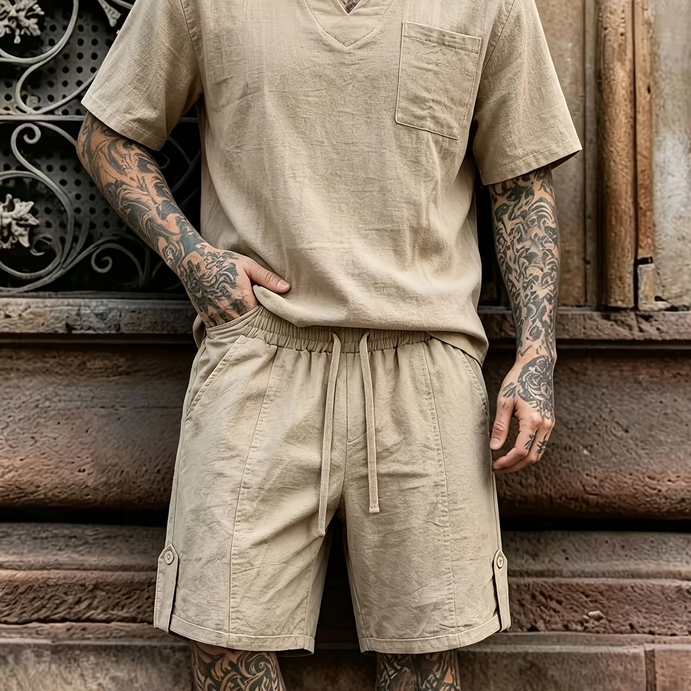 TEMU Men's Casual Linen Short Sleeve And Shorts Set, Made From Comfortable, Breathable, And Soft Fabric. The Top Features A V-neck With A Lapel And