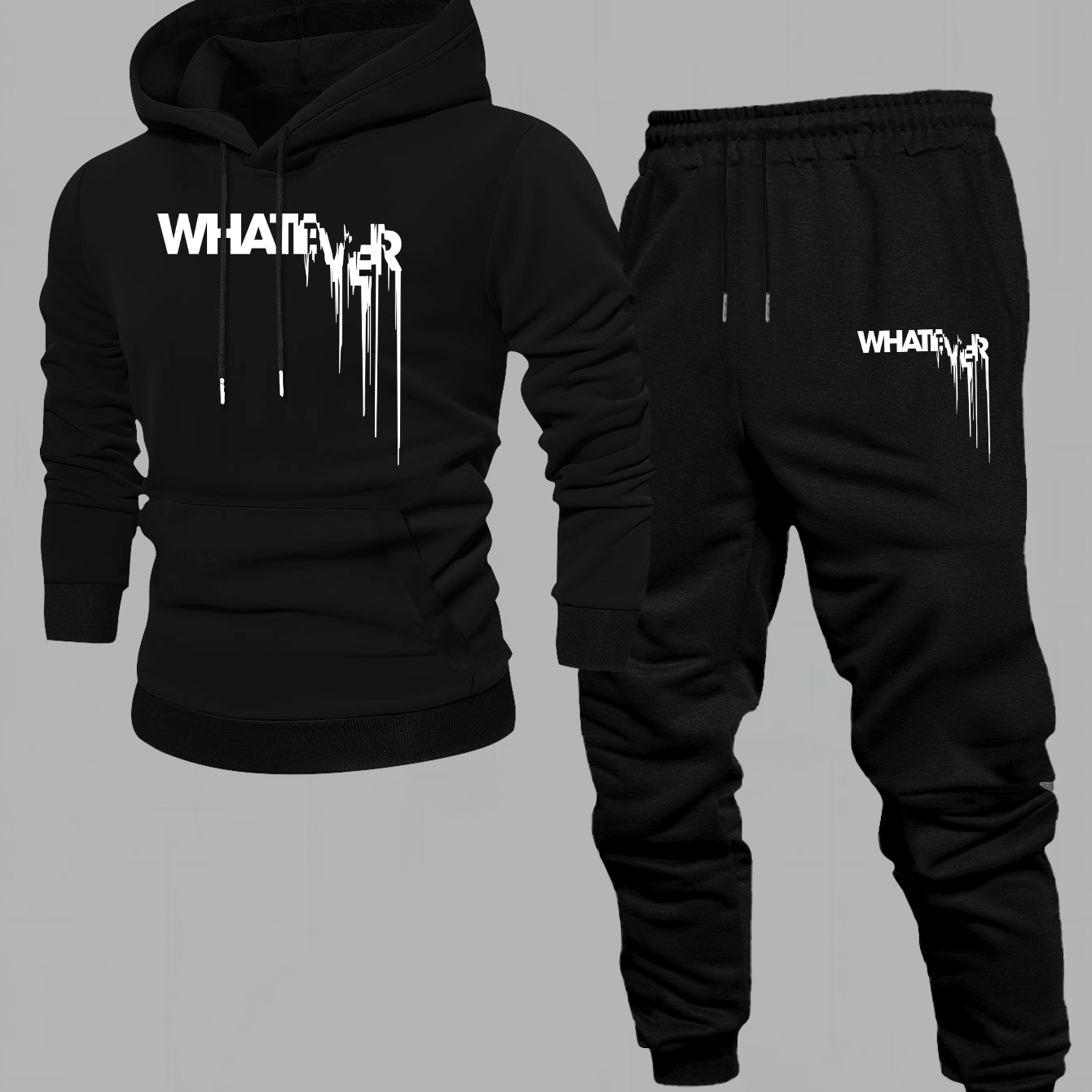 TEMU Men's 2pcs Streetwear Set With Distressed Drip Letter Print Hooded Long-sleeve Sweatshirt And Black Jogger Pants