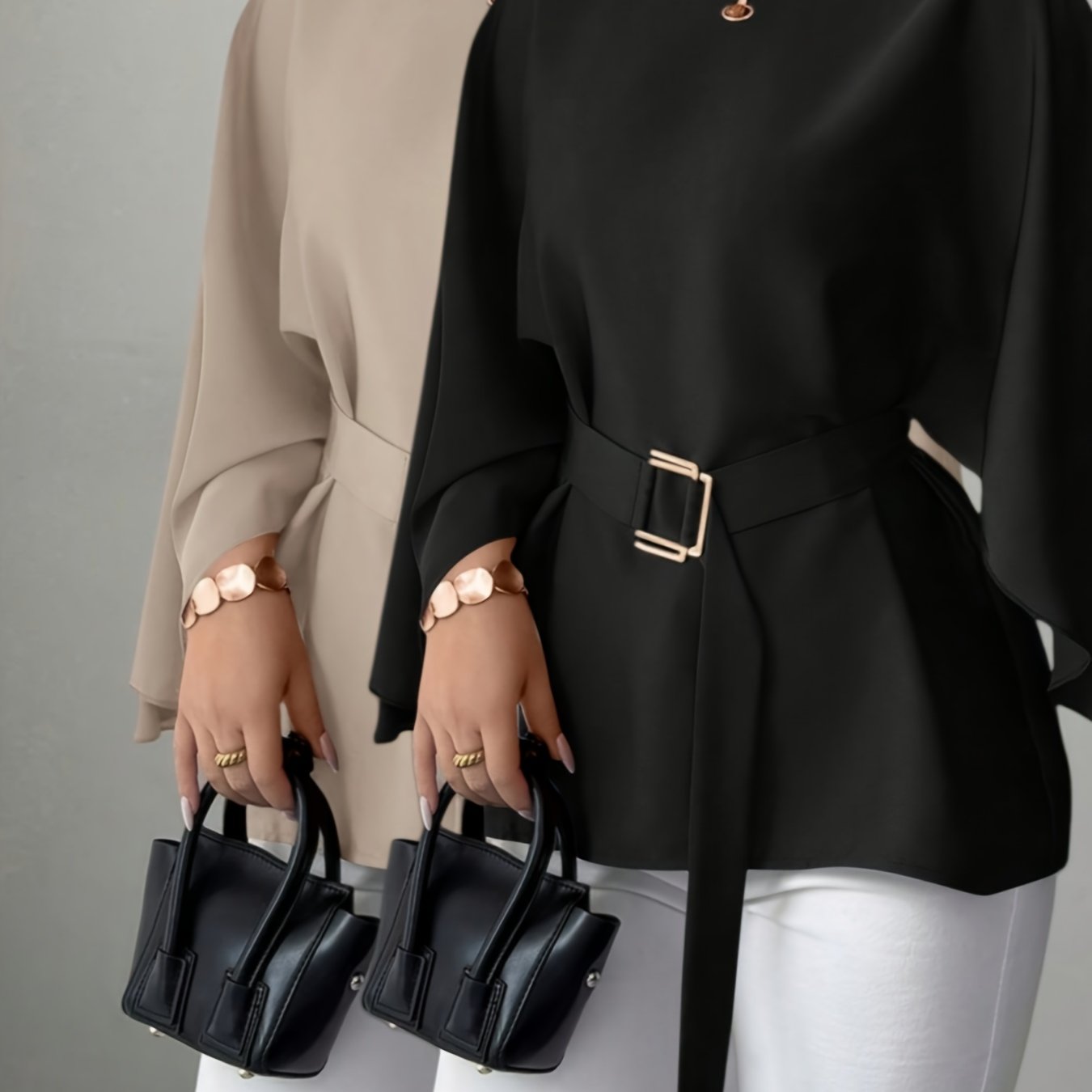TEMU 2pcs Women's French Style Round Neck Batwing Sleeve Belted Blouse