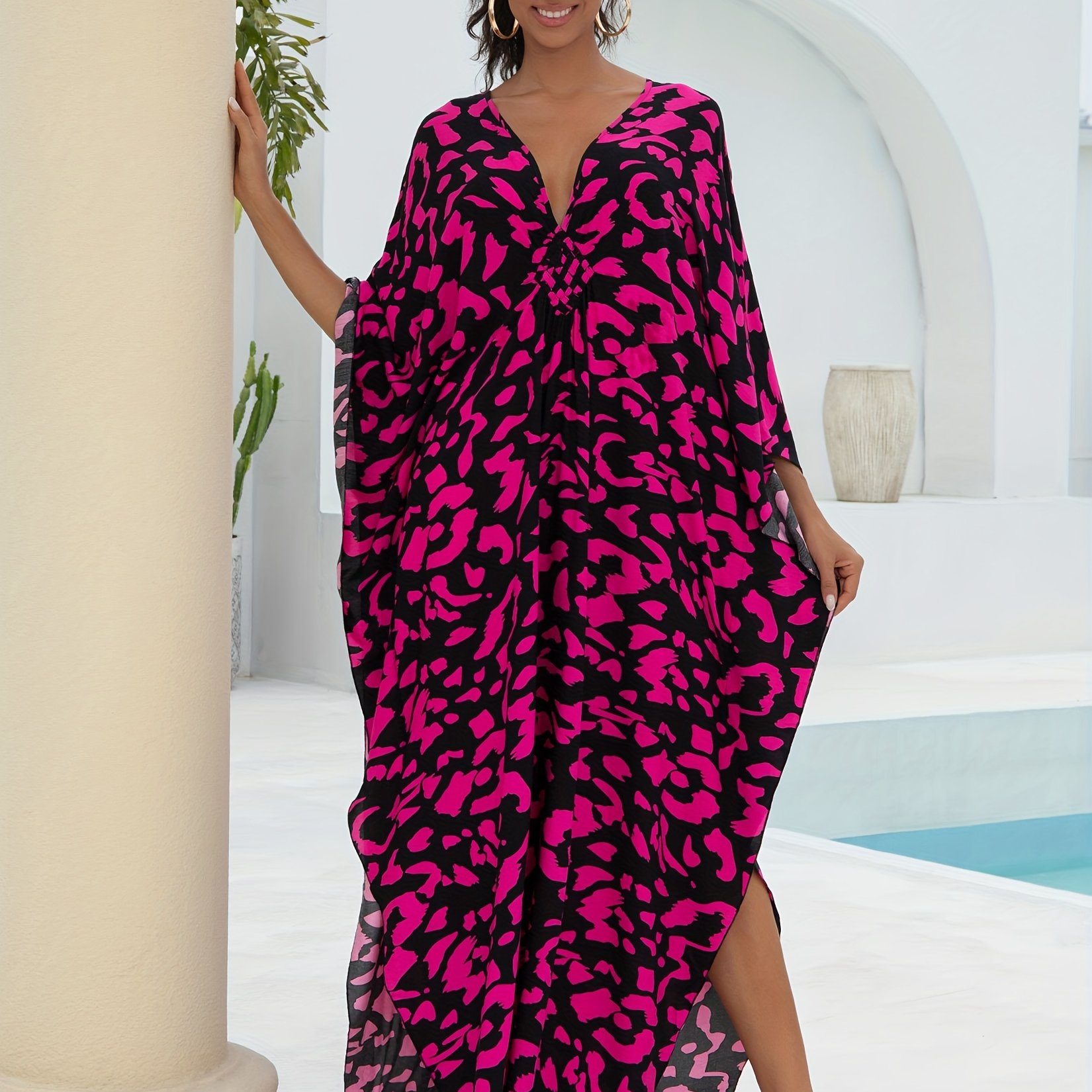 Image of Edolynsa Pink Leopard Print Women's Dress Casual Women V-neck Half Sleeve Side Slit Robe Beach Cover-up Loose Comfortable Long Holiday Dress Kaftan Robe Q1297
