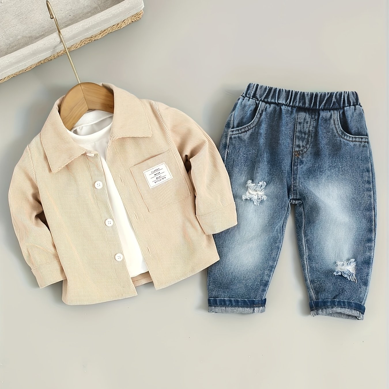 Boys' Newborn Christmas Valentine's Day Shirt And Jeans 2pcs Set, Perfect For Outdoor