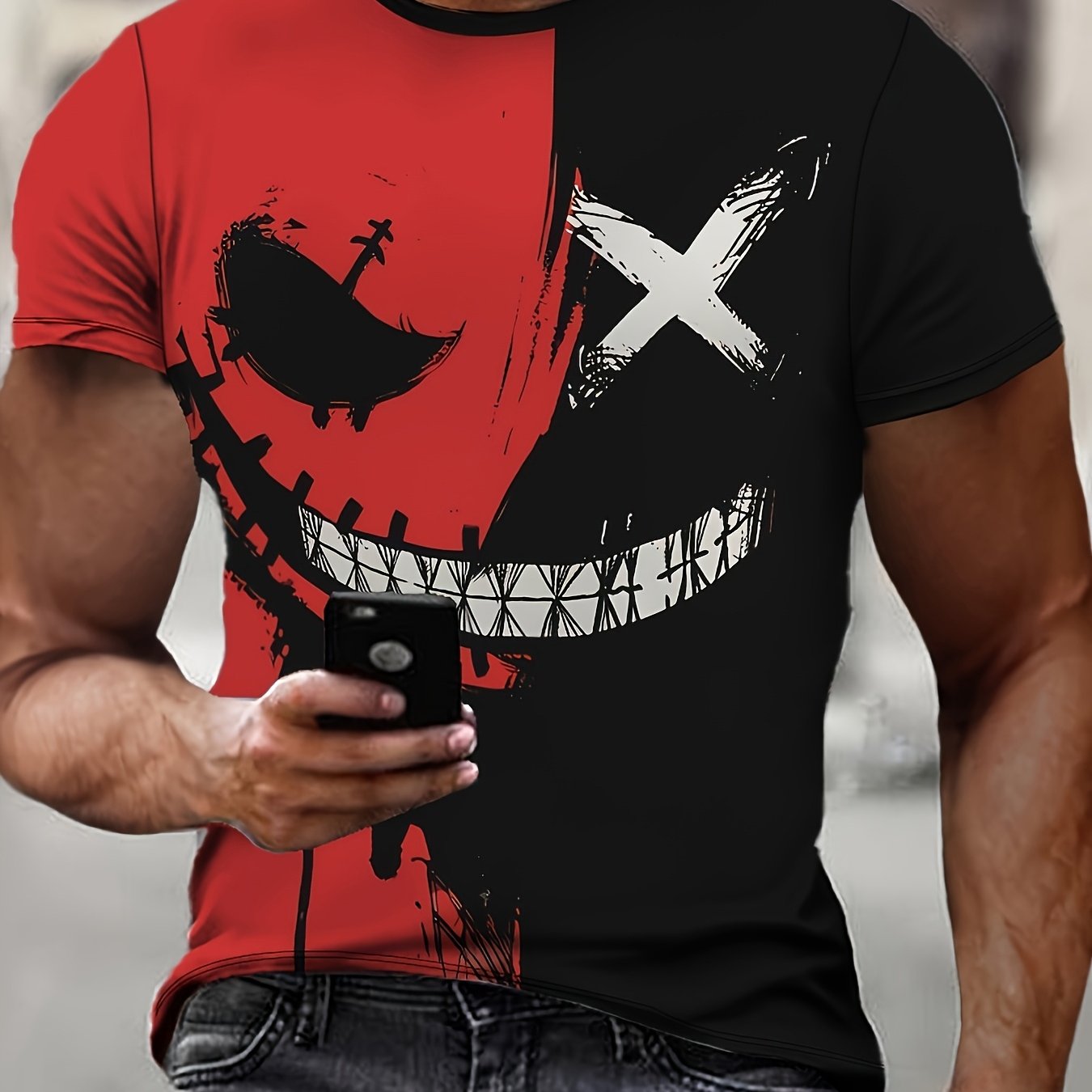 E-shop Herren T-Shirt mit fröhlichem Gesicht in Schwarz/Rot - Kurzärmeliges Freizeit-T-Shirt mit Rundhalsausschnitt fröhlichem Aufdruck,