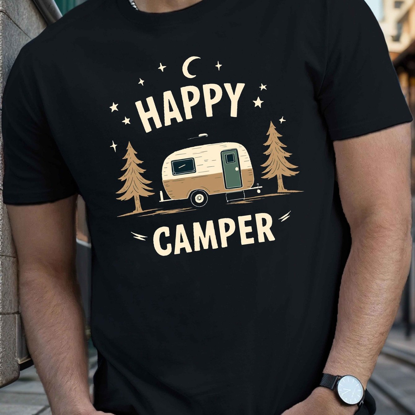 TEMU Men' Graphic T-shirt - Vintage & Pine Tree Short Sleeve Tee, Breathable Summer Shirt For Outdoor Camping Enthusiasts, Machine Washable Regular