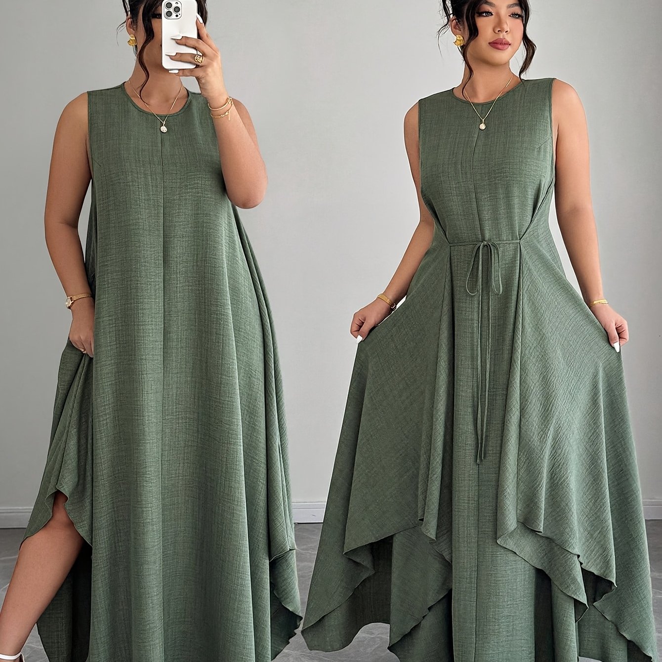 TEMU Women's Elegant Vacation Casual Daily Outerwear Tie-belt A-line Asymmetrical Hem Dress