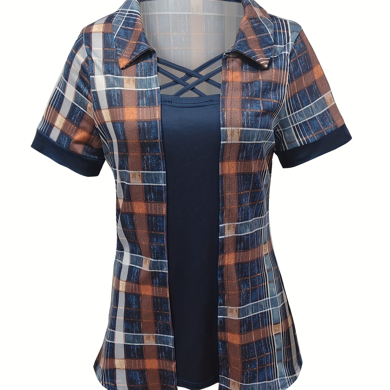 Navy Blue 2 2 And 1 Checkered Short Sleeved Women's Shirts