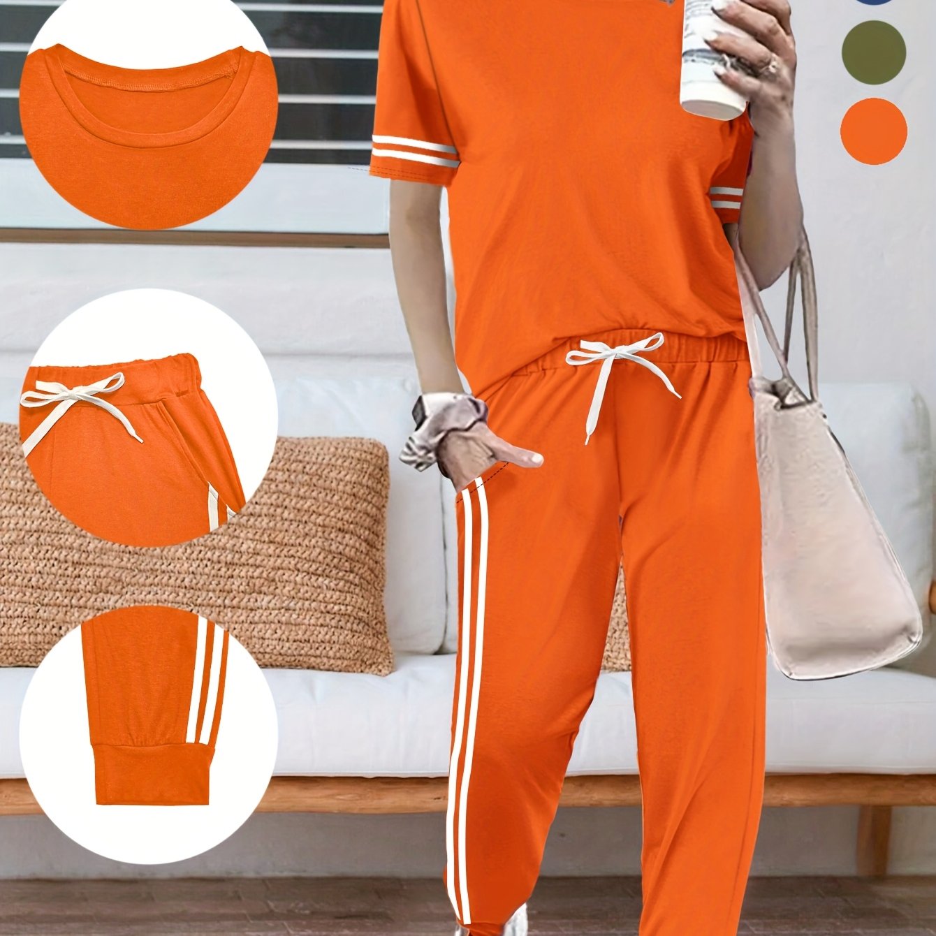 Women'-piece Casual Solid Color Striped Edge Short-sleeved Round Neck Pullover Slim Solid Color Striped Edge Long Pants Set Suit