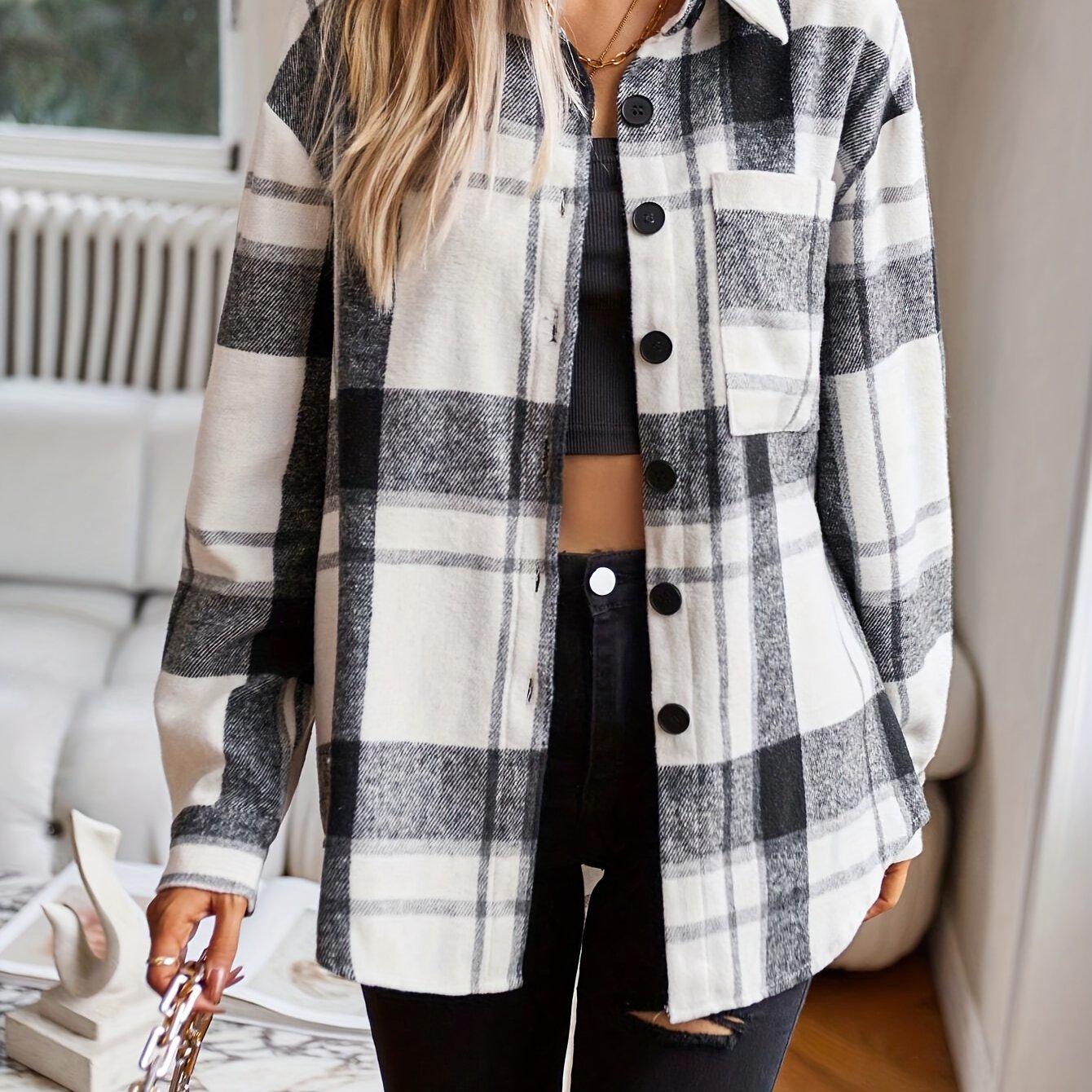 Image of Jacket Women's Button Front Long Sleeve Shirt - Elegant Lapel Shirt