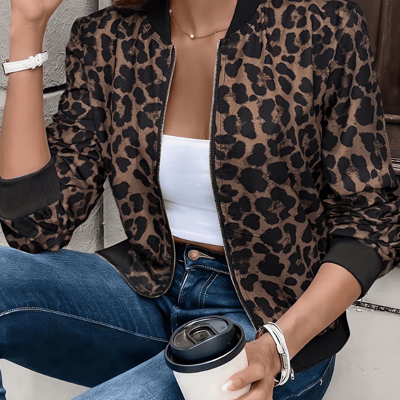 TEMU Women's Fashion Regular Spring And Autumn All-match Leopard Print Baseball Jacket Casual Coat