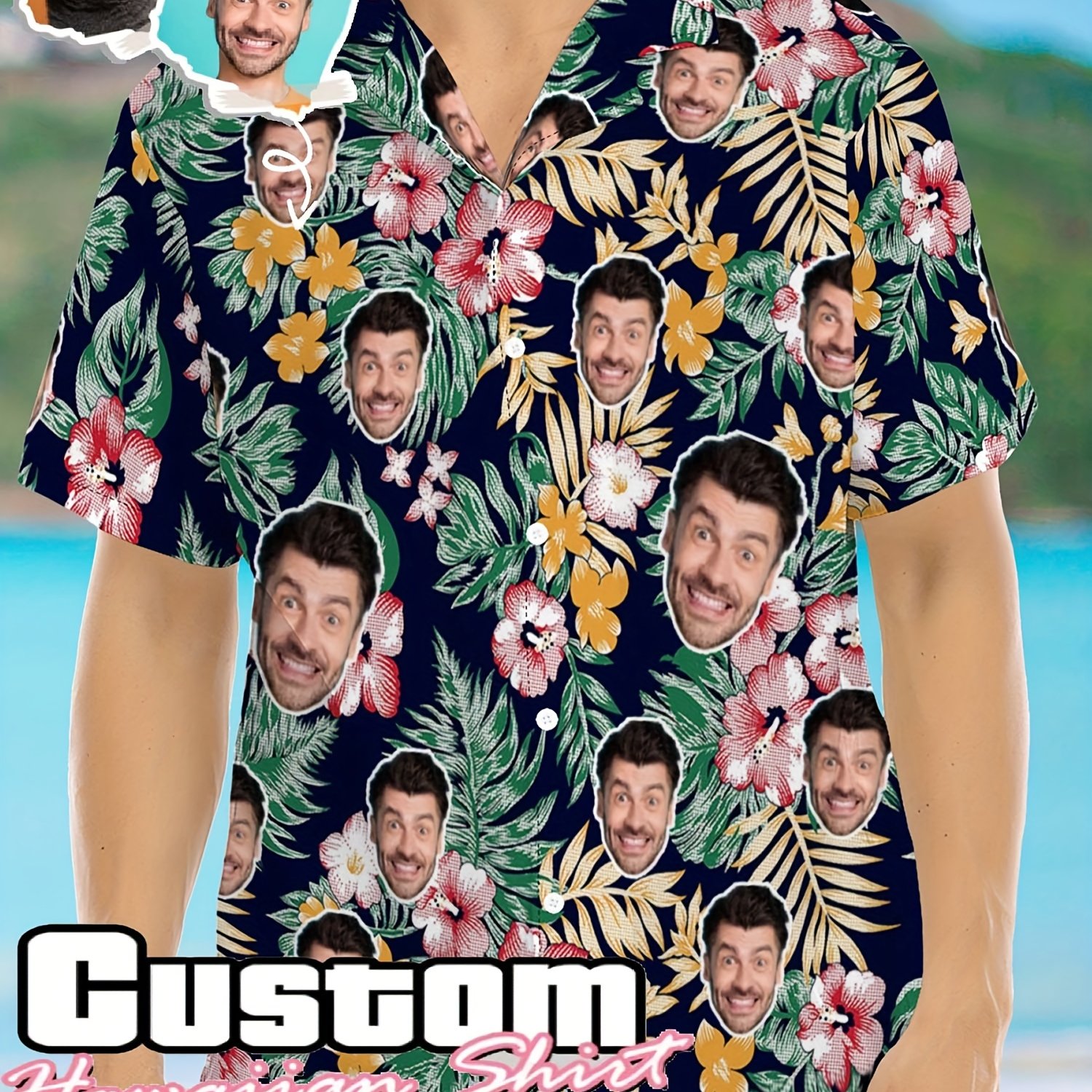 E-shop Personalisiertes Hawaiihemd mit Foto, Hunde- Katzen-Gesicht, Feiertags- tropisches Muster, für Herren Damen, Geburtstags-