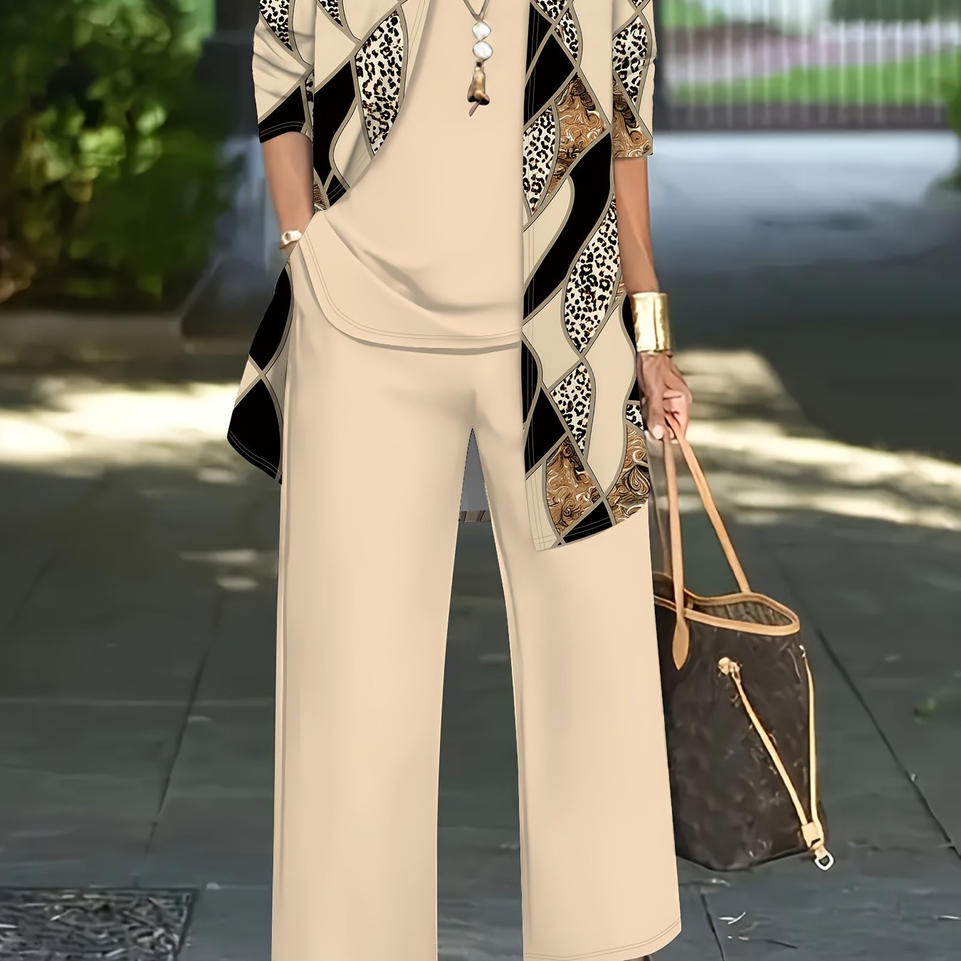 TEMU 3pcs Women's Set: Open Cardigan Fashion Drawing Print Jacket With Vest Top And Elegant Casual Trousers, Essential For Daily Wear