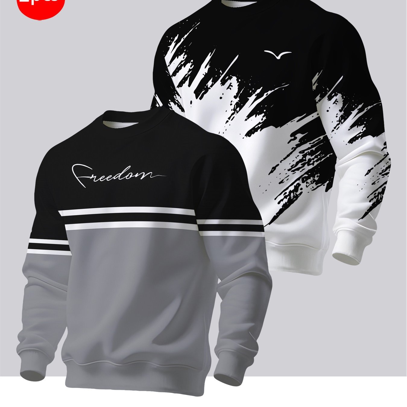 TEMU 2pcs Men's Crew Neck Sweatshirt - Casual Printed Top, Outdoor Leisure Crew Neck Sweatshirt, Basic Versatile Style With Print
