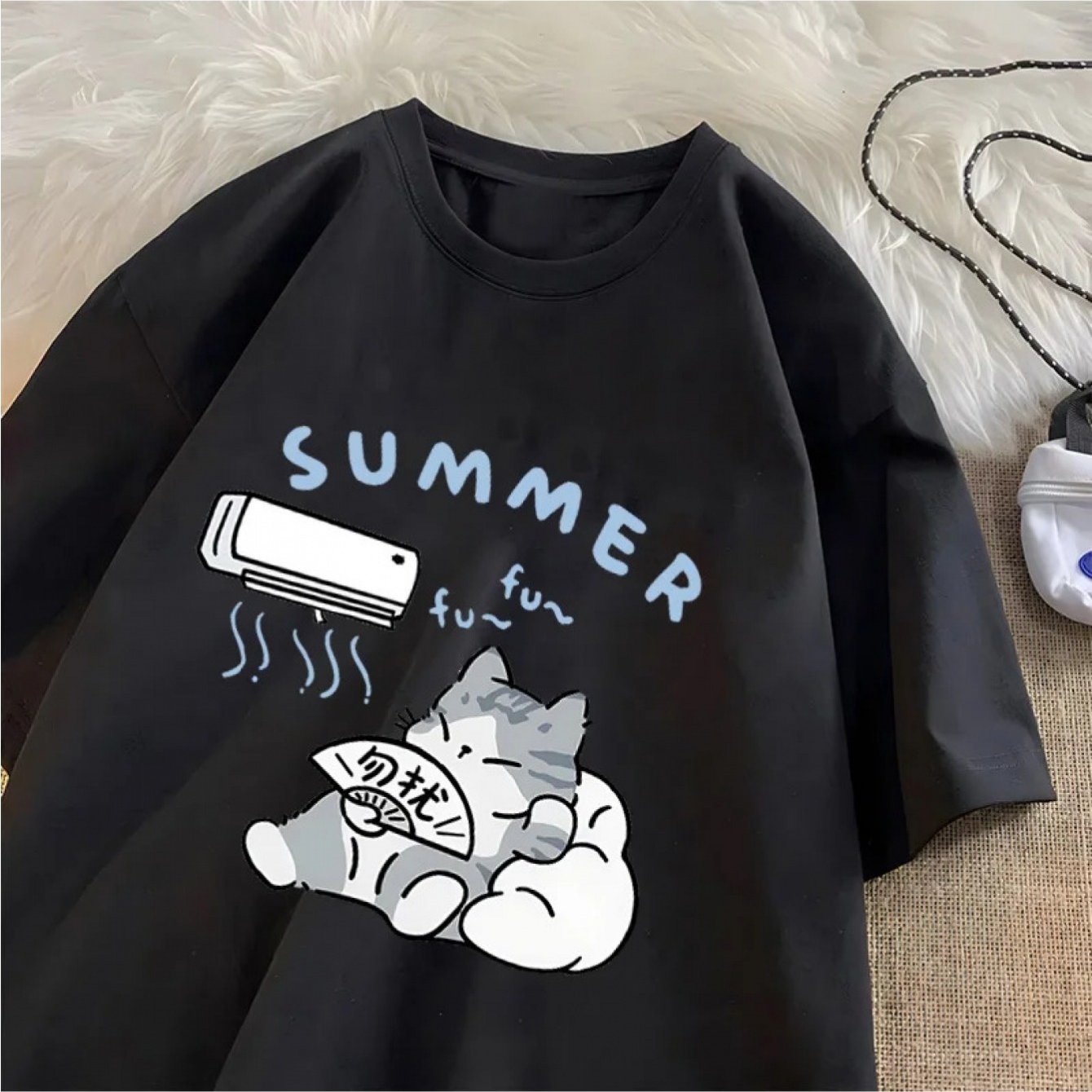 Men's Funny & Air Conditioner Graphic T-shirt - Black Cotton Retro With Ac Unit & Cat Print, Loose Fit Short Sleeve Casual Shirt, Machine Washable For Casual Attire