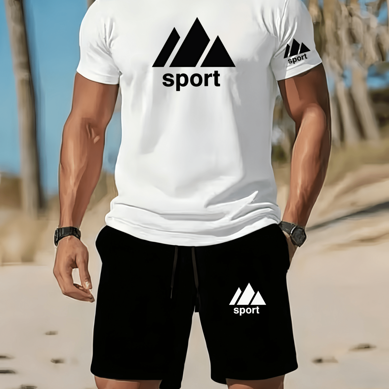 TEMU Men's Short Sleeve Set For Outdoor Running, Breathable T-shirt And Drawstring Shorts 2pcs Outfit, Summer Athletic Wear