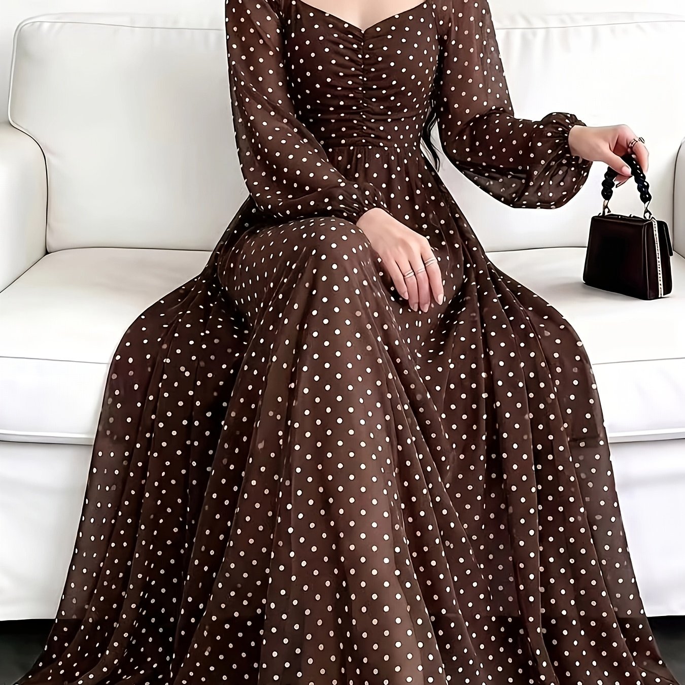 TEMU Women's Retro Style Polka Dot Dress, Square Neck Long Sleeve Chiffon Flared Maxi Skirt