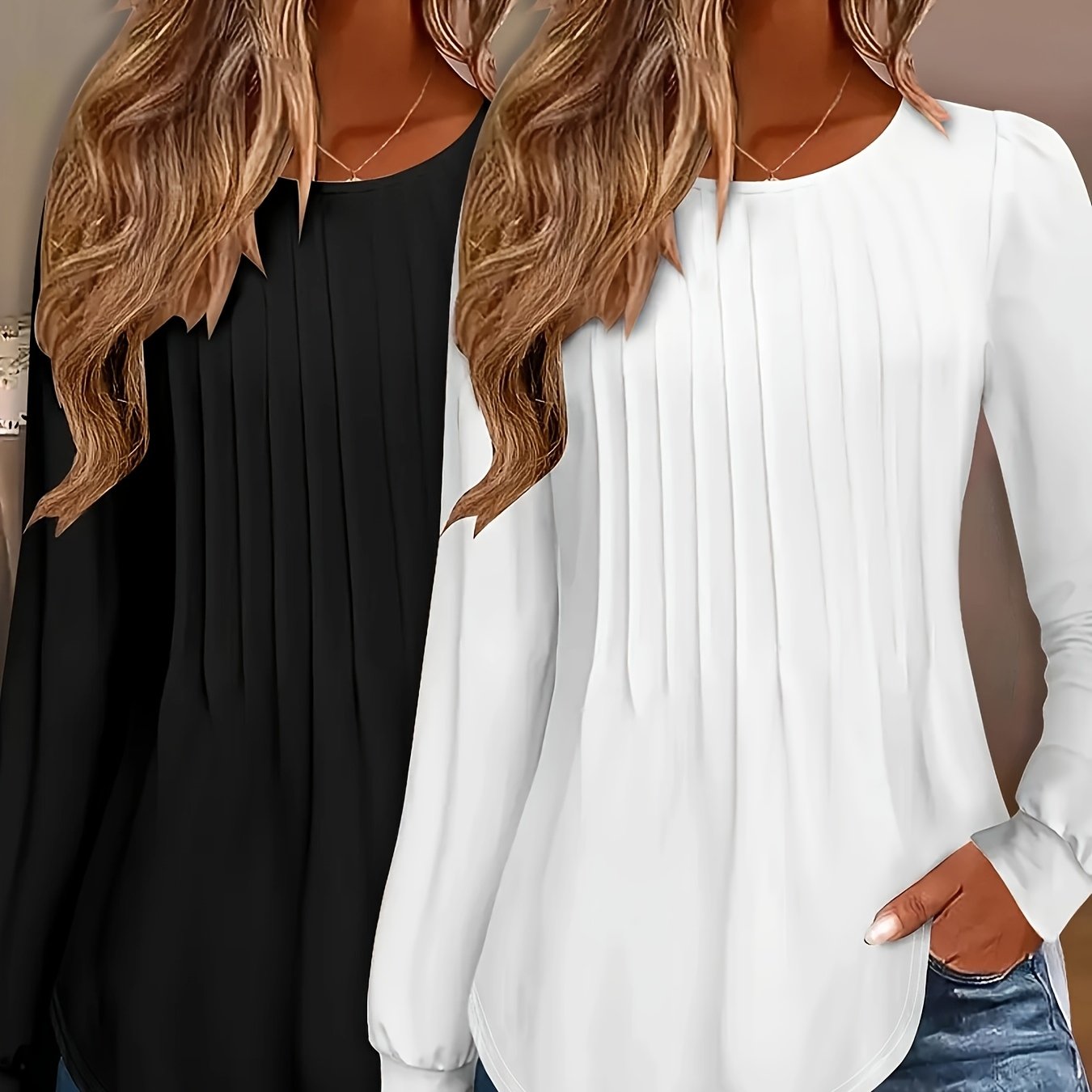 Image of 2pcs Set, Black And White Solid Colors, Elegant Fashion Easy Bust Ruched Puff Sleeve Solid Round Neck Long Sleeve T-shirt, Casual Long Sleeve Shirt, New Women's Long Sleeve Top