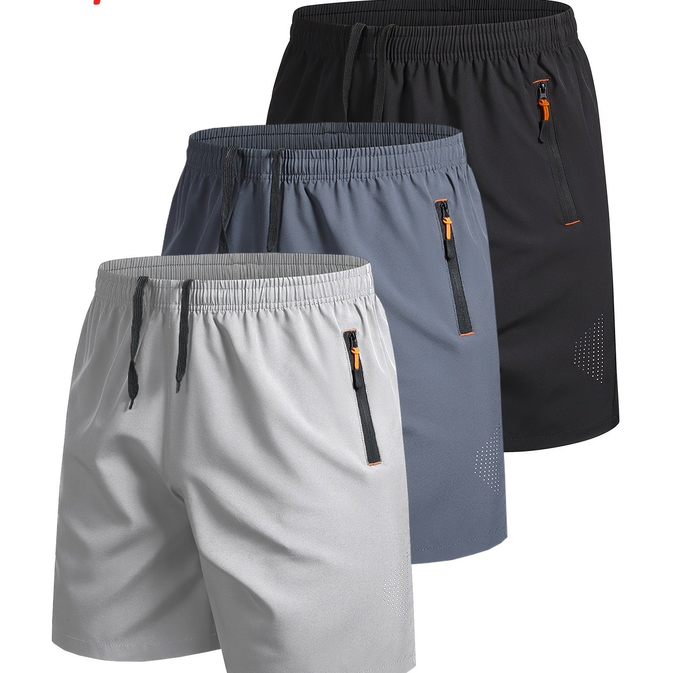 E-shop 3 Stück Herren Outdoor Sport Freizeitshorts, Uni-Farben mit Reißverschlusstasche, Lauf- Fitness-Schnelltrocknende Atmungsaktive Athletic Shorts