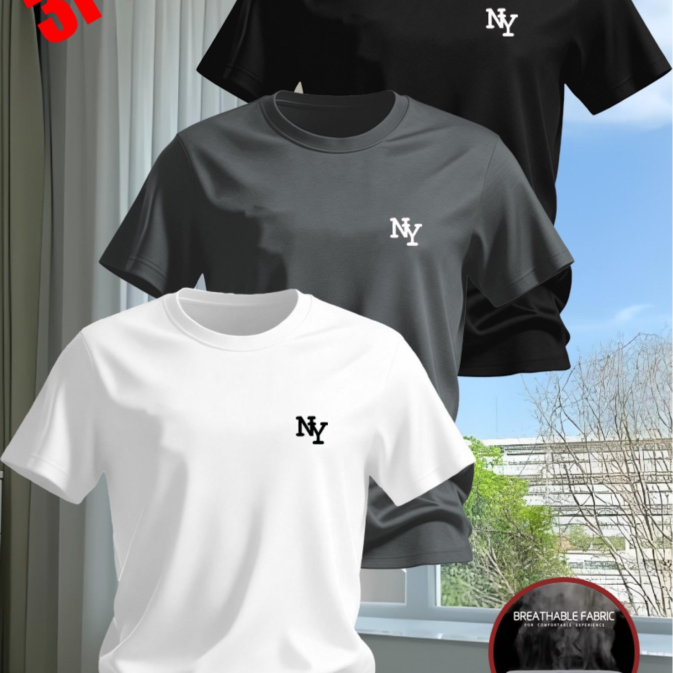TEMU Men's Ny Printed Design Short-sleeve T-shirt Set, 3pcs For Summer, Multiple Colors , Versatile Crew Neck Top For Casual And Sporty Wear