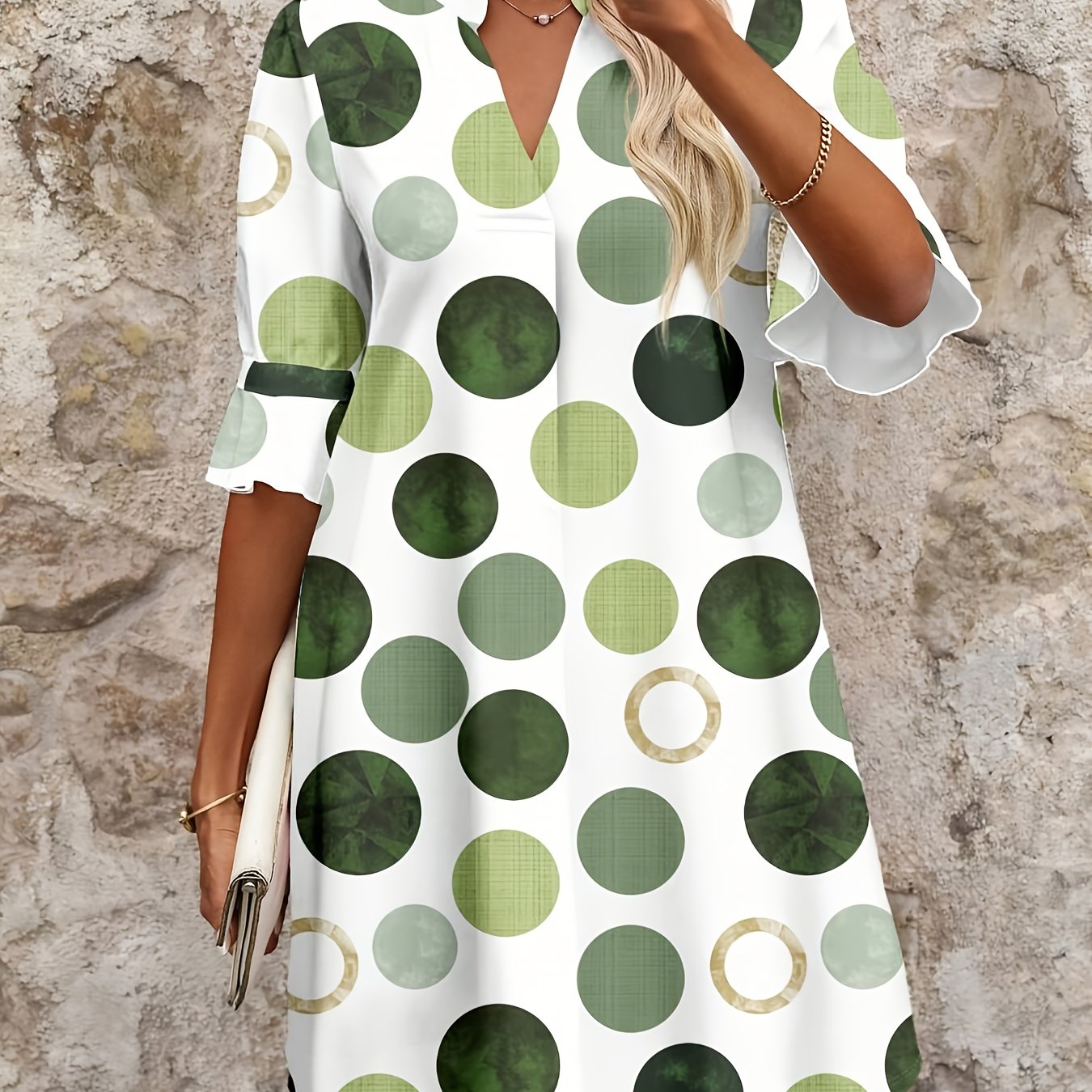 Women's Elegant Casual Green Mechanical Polka Dot Print Mini Dress