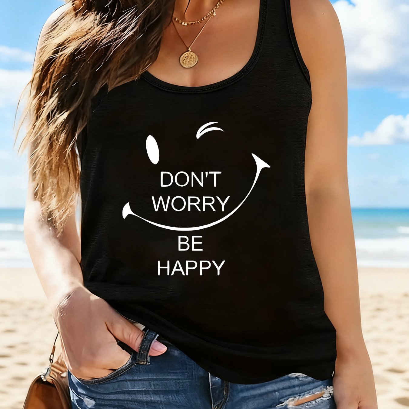 TEMU Plus Size - Women's Casual Round Neck Plus Size Sleeveless Vest With "" Smiling Print, Machine Washable Soft Breathable Fabric Pullover Top For
