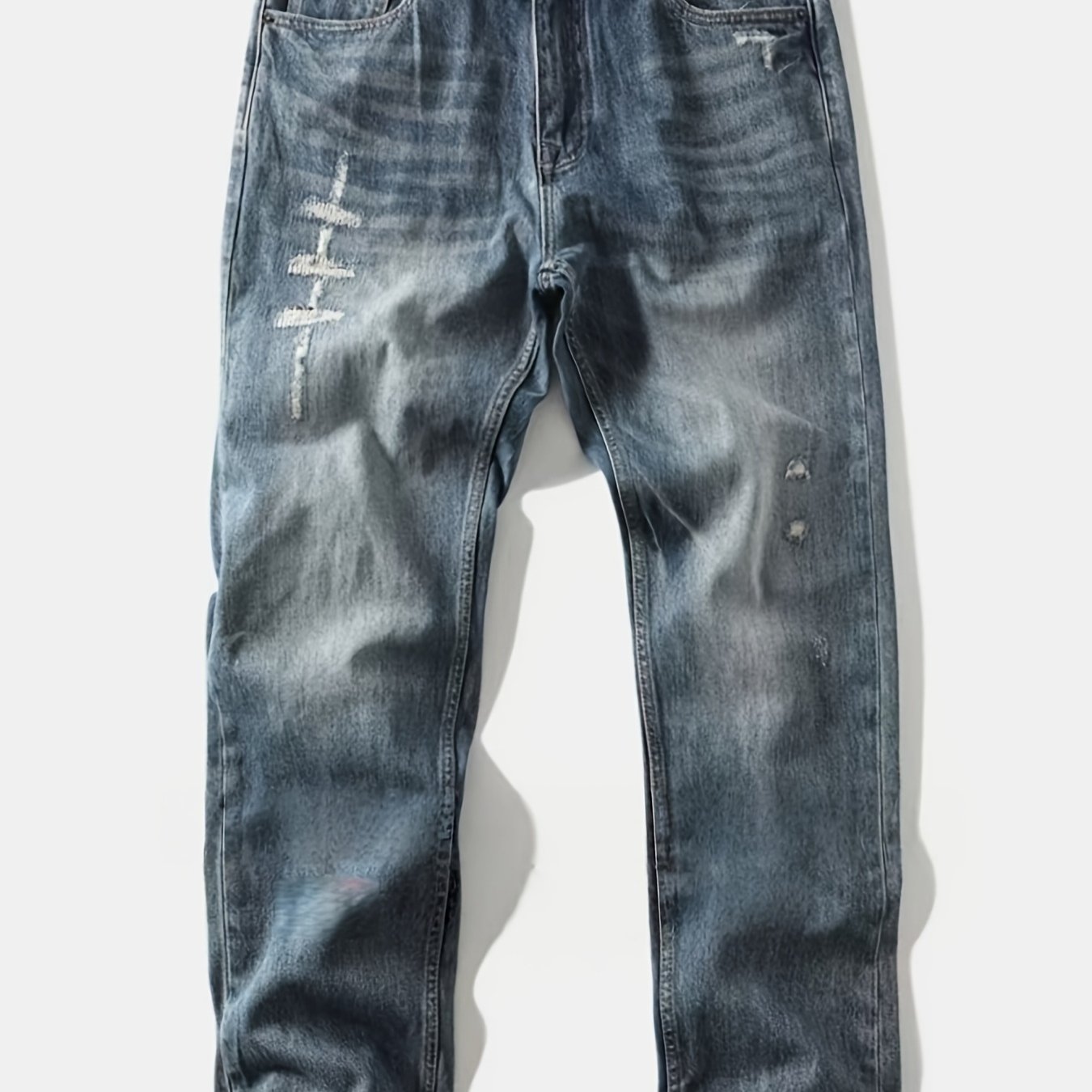 Image of Men's Casual Jeans For And Winter Season, Featuring A High-waisted, Loose, Wide-leg Straight Fit With Distressed Details. Ideal For Athletic And Everyday Use