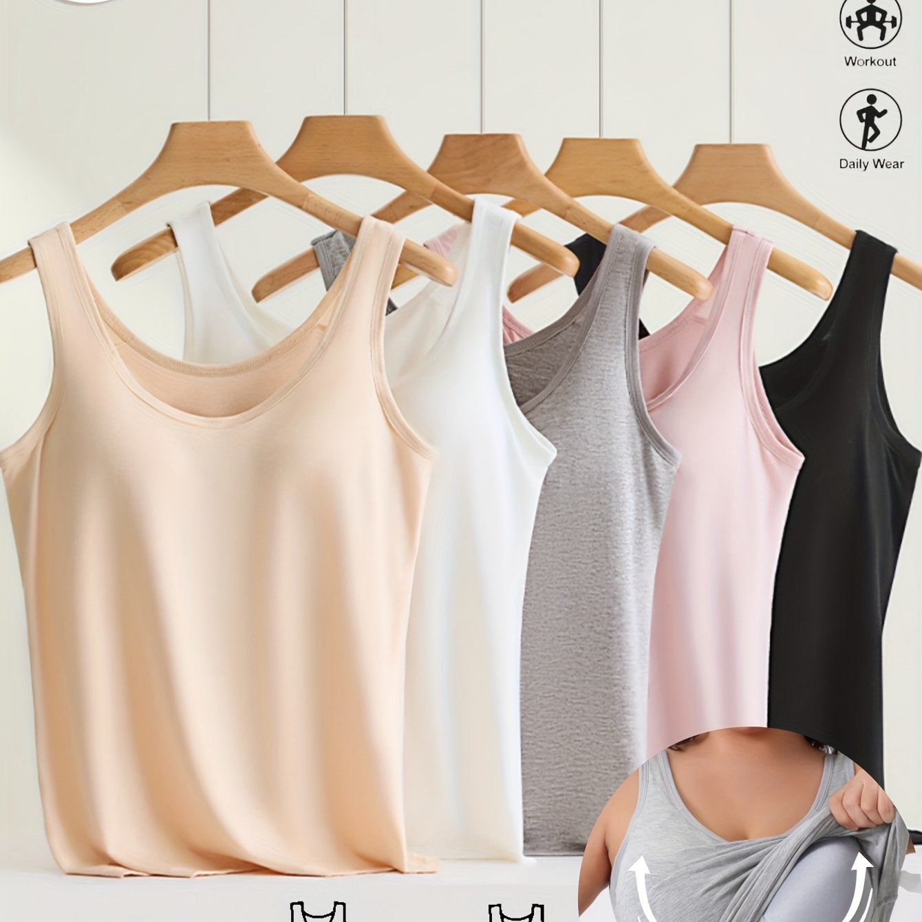 E-shop 5er-Pack Westen-Tops mit breiten Trägern Brustpolstern – Weiche, atmungsaktive, dehnbare, bequeme Freizeit-Sportbekleidung für Damen – Einfache,