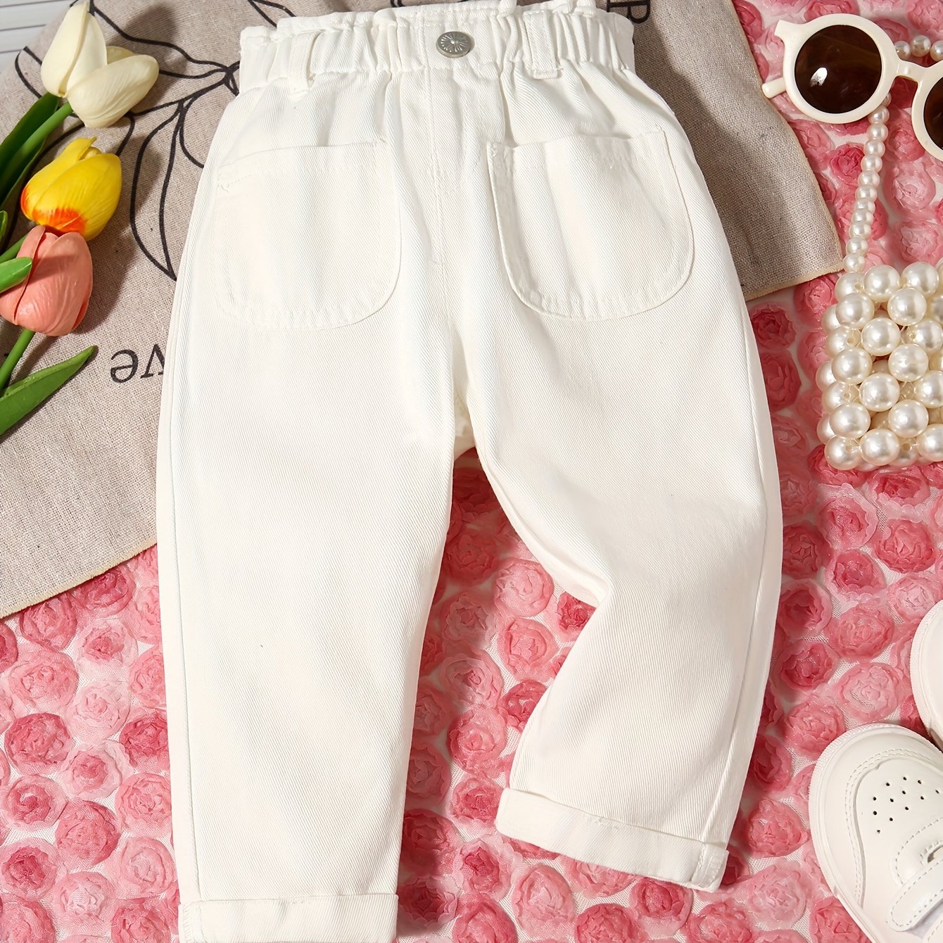 Image of White Stone-washed Bud-waist Fashionable And Versatile Jeans For Girls And Young Children